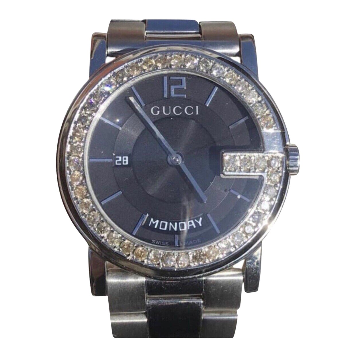 Custom 3 Carat Ct Diamond Gucci G Day Date Swiss Made Black-dial Watch 1 For Sale