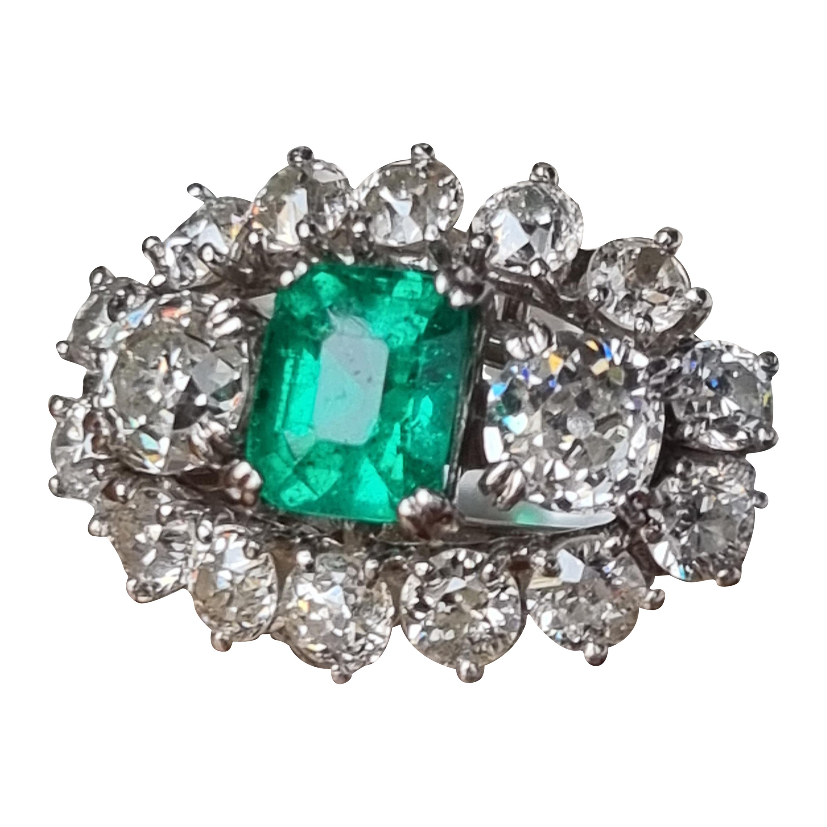 GIA Certified Natural Emerald &Old Cut Diamond Three Stone Cluster Platinum Ring For Sale