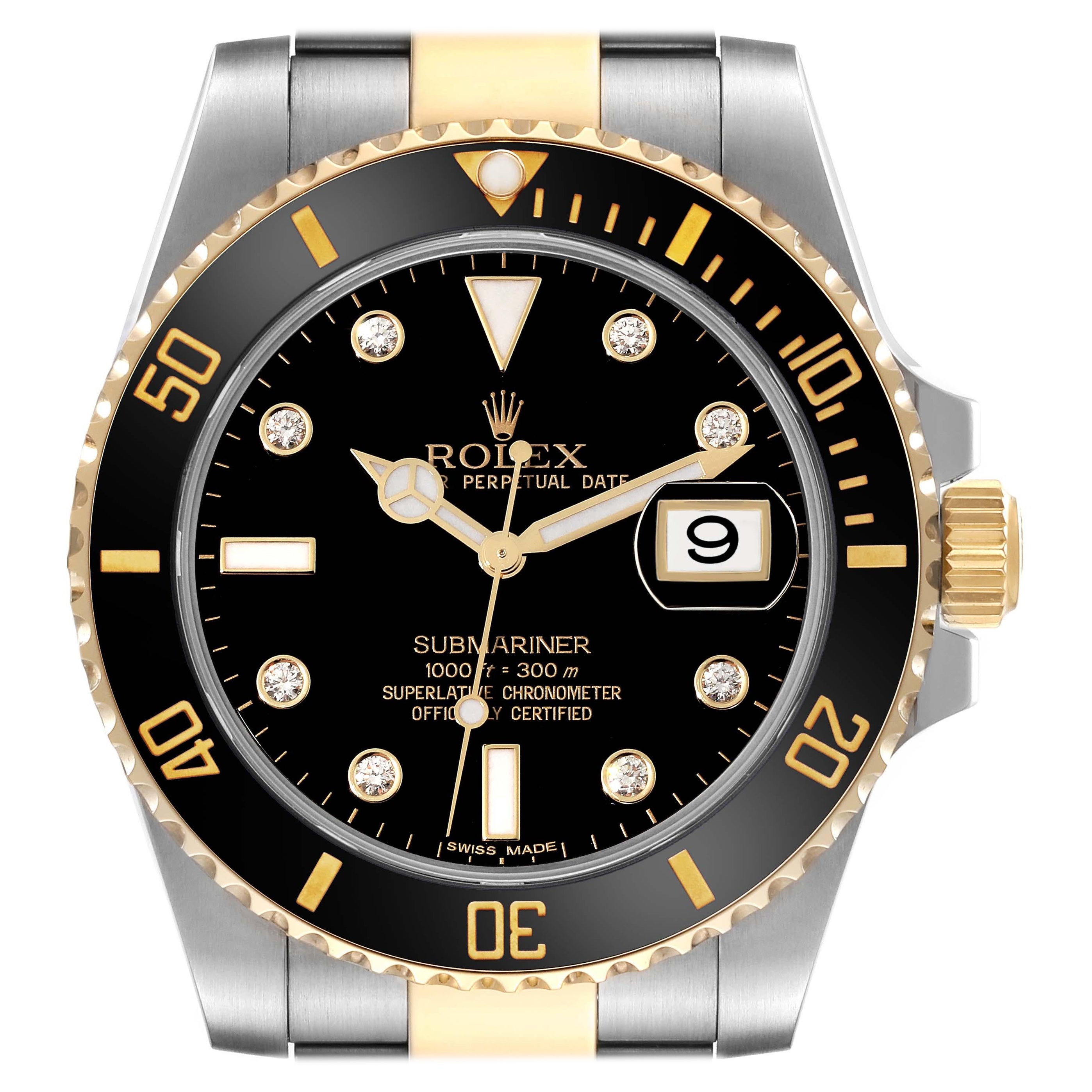 Rolex Submariner Steel Yellow Gold Black Diamond Dial Mens Watch 116613 For Sale