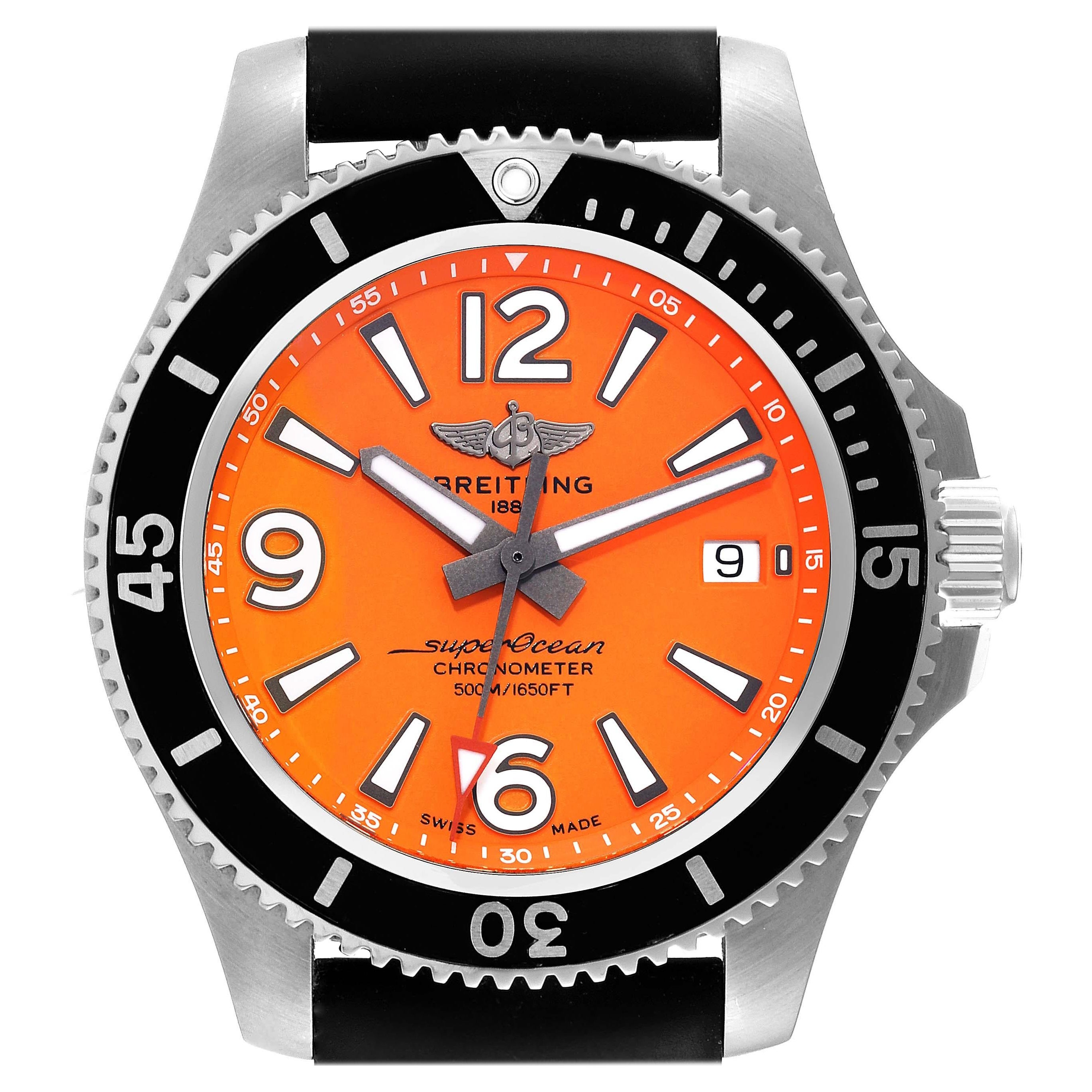 Breitling Superocean 42 Orange Dial Steel Mens Watch A17366 Box Card For Sale