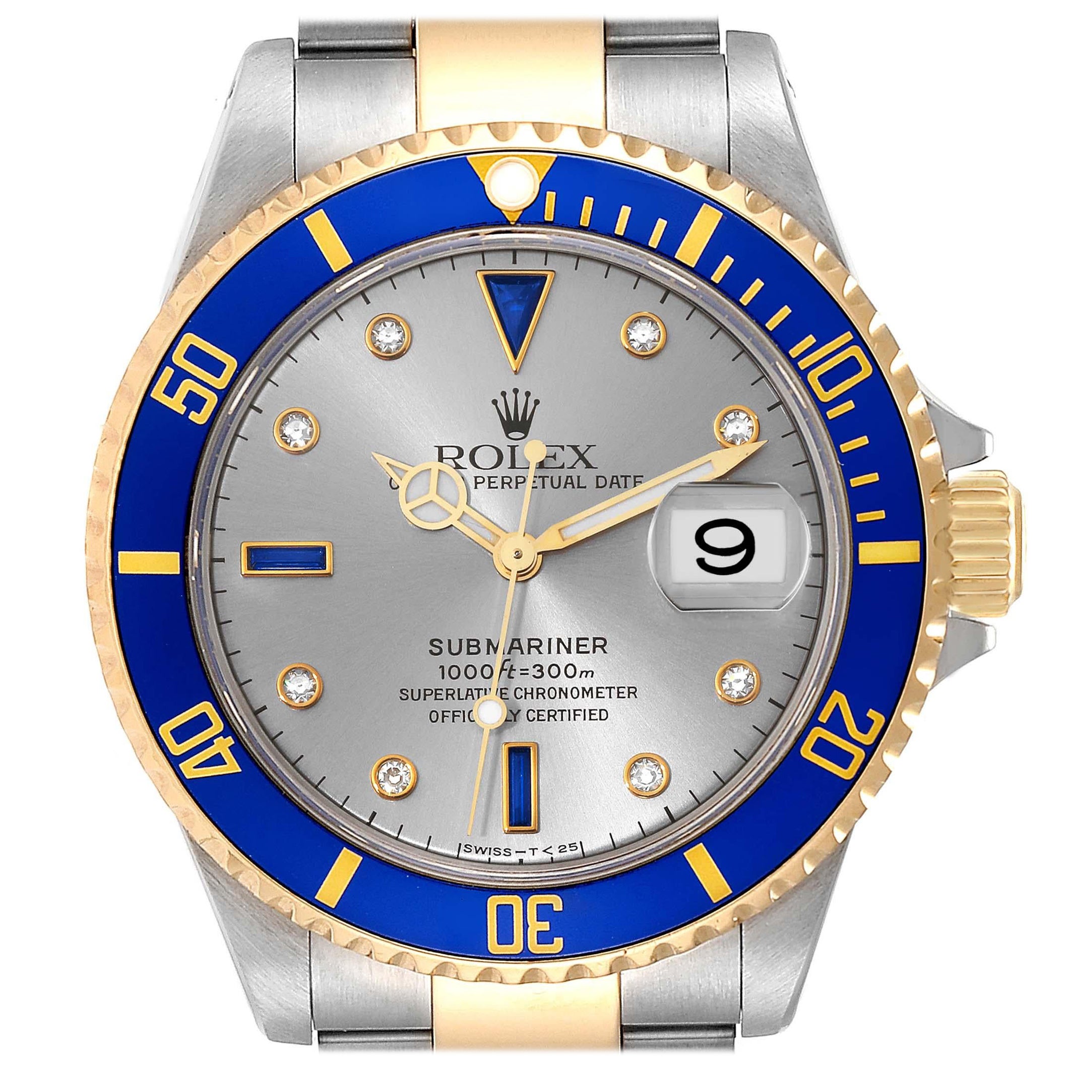 Rolex Submariner Steel Yellow Gold Diamond Serti Dial Mens Watch 16613