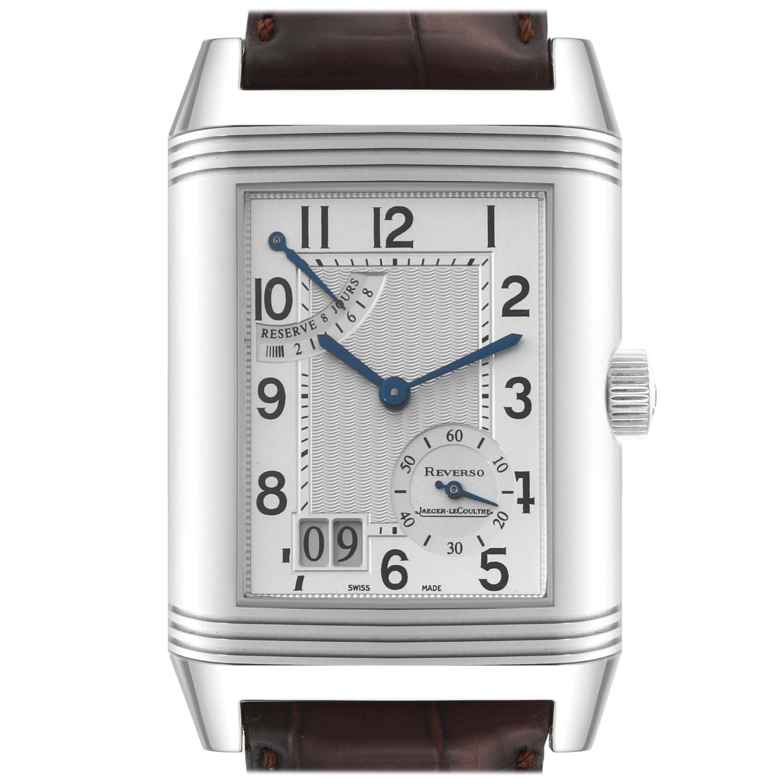 Jaeger LeCoultre Reverso Grande Date 8 Day Steel Mens Watch 240.8.15 Q3008420 For Sale