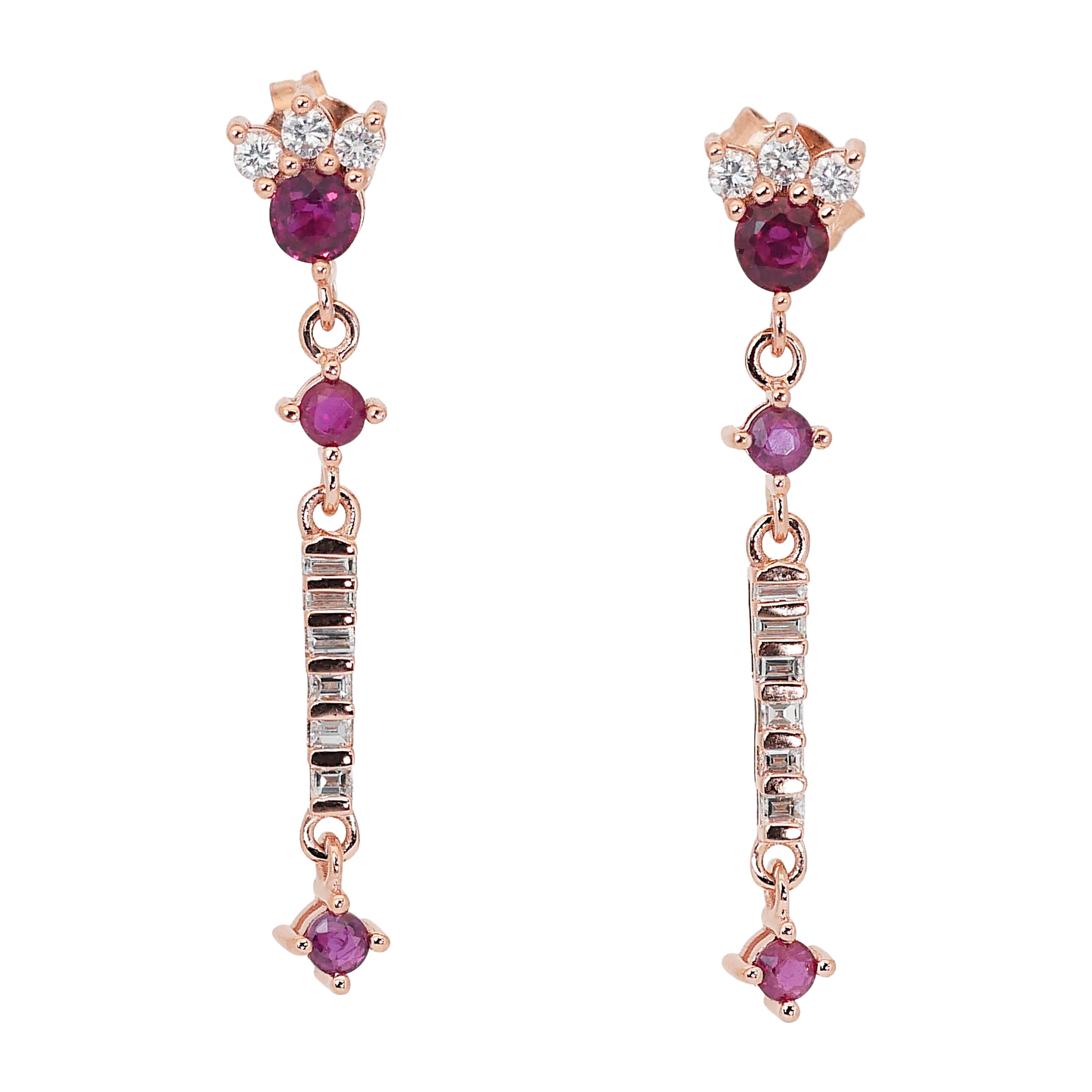 Glittering 14k Rose Gold Rubies & Diamonds Drop Earrings w/1.20 ct-IGI Certified For Sale