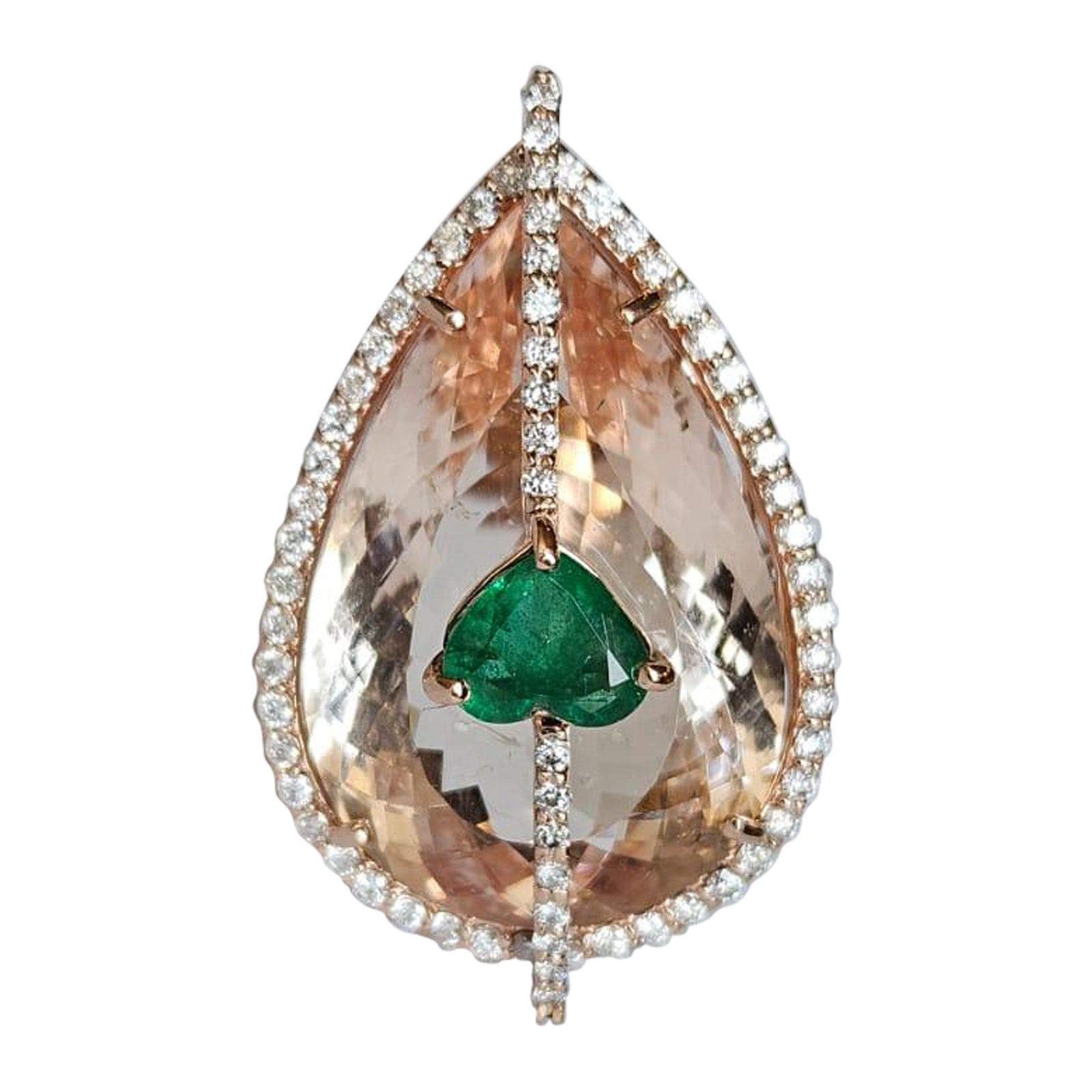 Set in 18K Gold, 21.25 carats Morganite, Zambian Emerald & Diamond Cocktail Ring For Sale