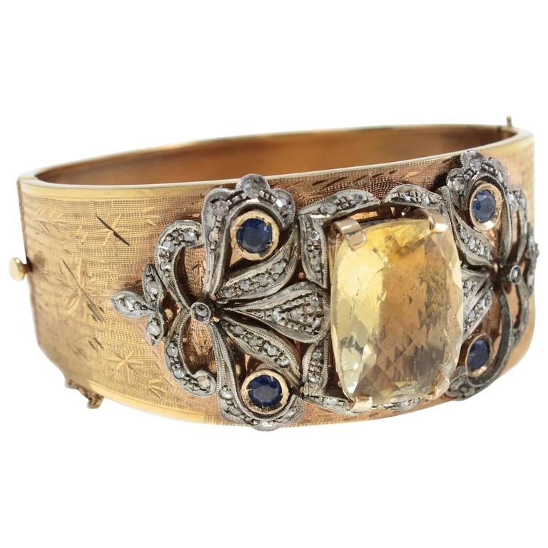 Luise Topaz Sapphire Diamond Gold Cuff Bracelet For Sale at 1stdibs