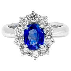 Platinring, zertifizierter 1,3 Karat blauer Saphir & Diamant Vintage Prinzessin Halo