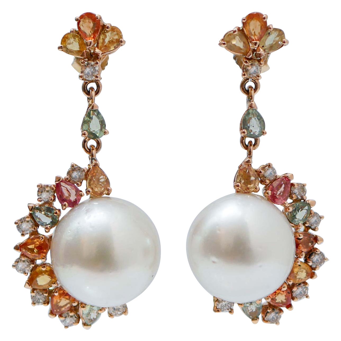 South-Sea Pearls, Multicolor Sapphires, Diamonds, 14Kt Rose Gold Dangle Earrings