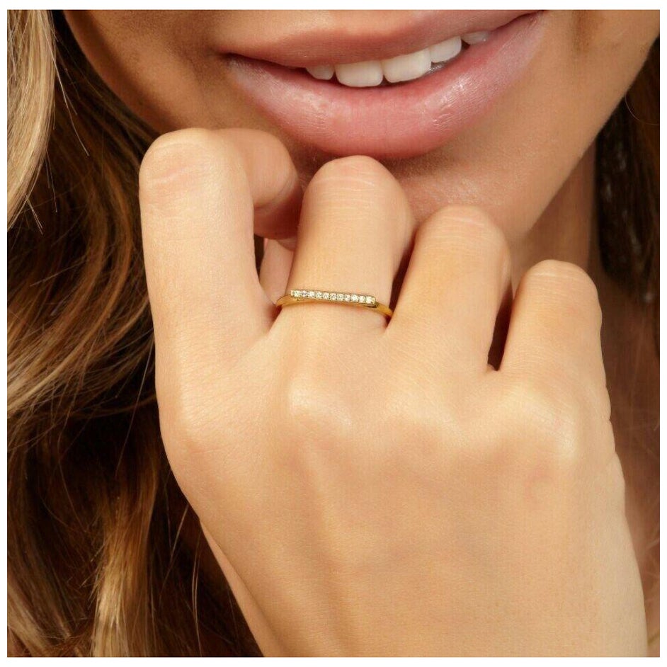 Diamond Bar Ring 14K Solid Gold Diamond Band Ring For Women Valentine Gift 