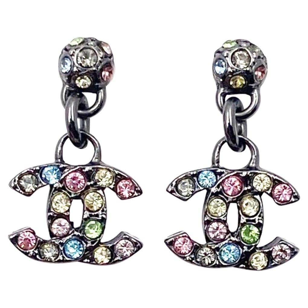 Chanel Gunmetal Rainbow Crystal CC Dangle Piercing Earrings