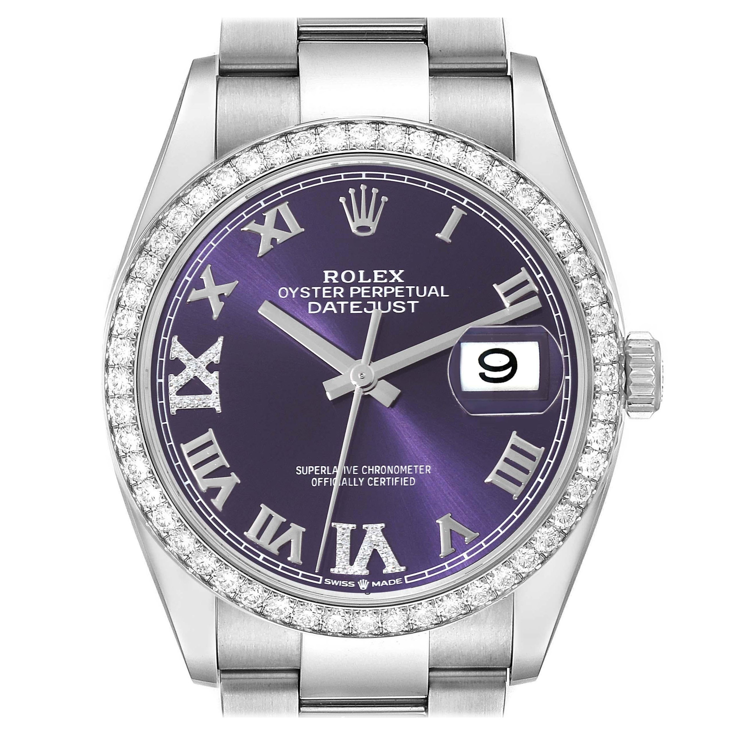 Rolex Datejust Steel Purple Diamond Dial Bezel Mens Watch 126284 For Sale
