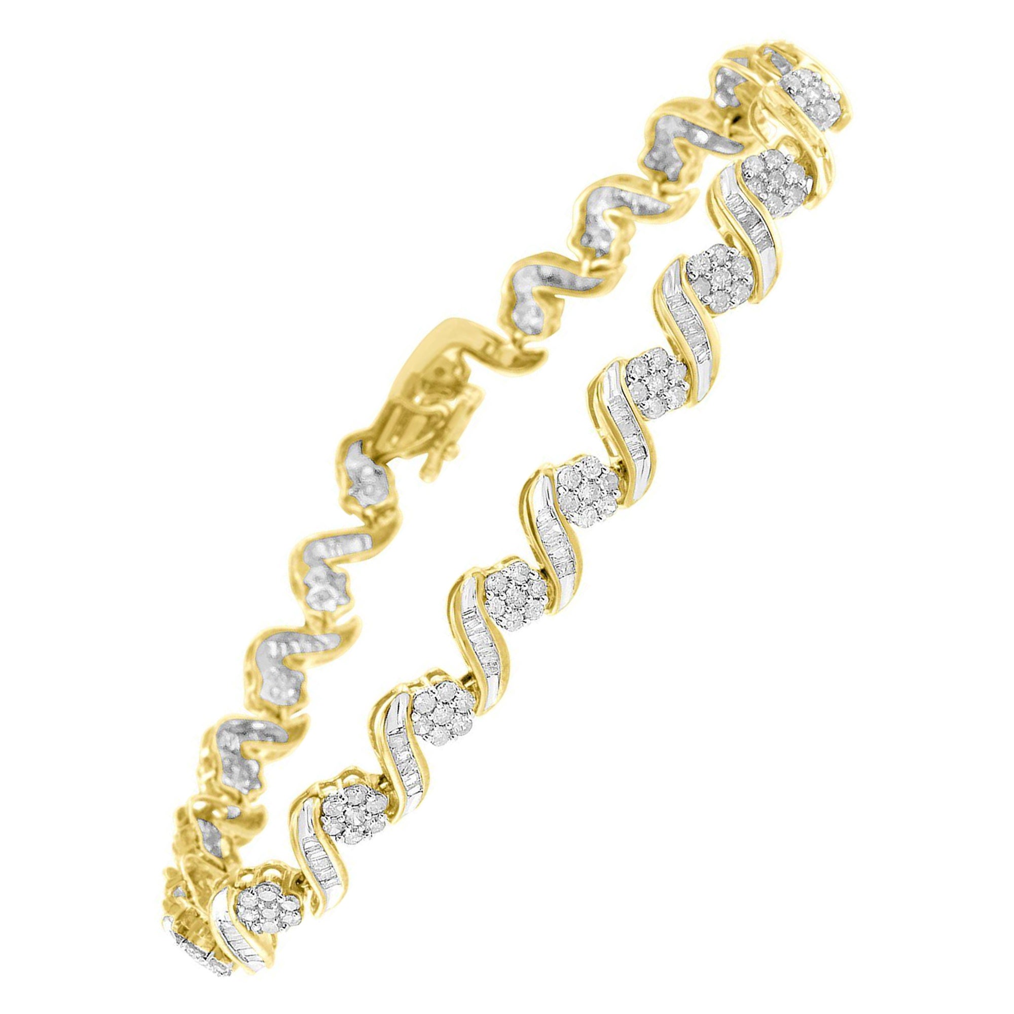 Bracelet à maillons floraux en or jaune 10 carats avec diamants taille ronde et baguette de 3,0 carats en vente