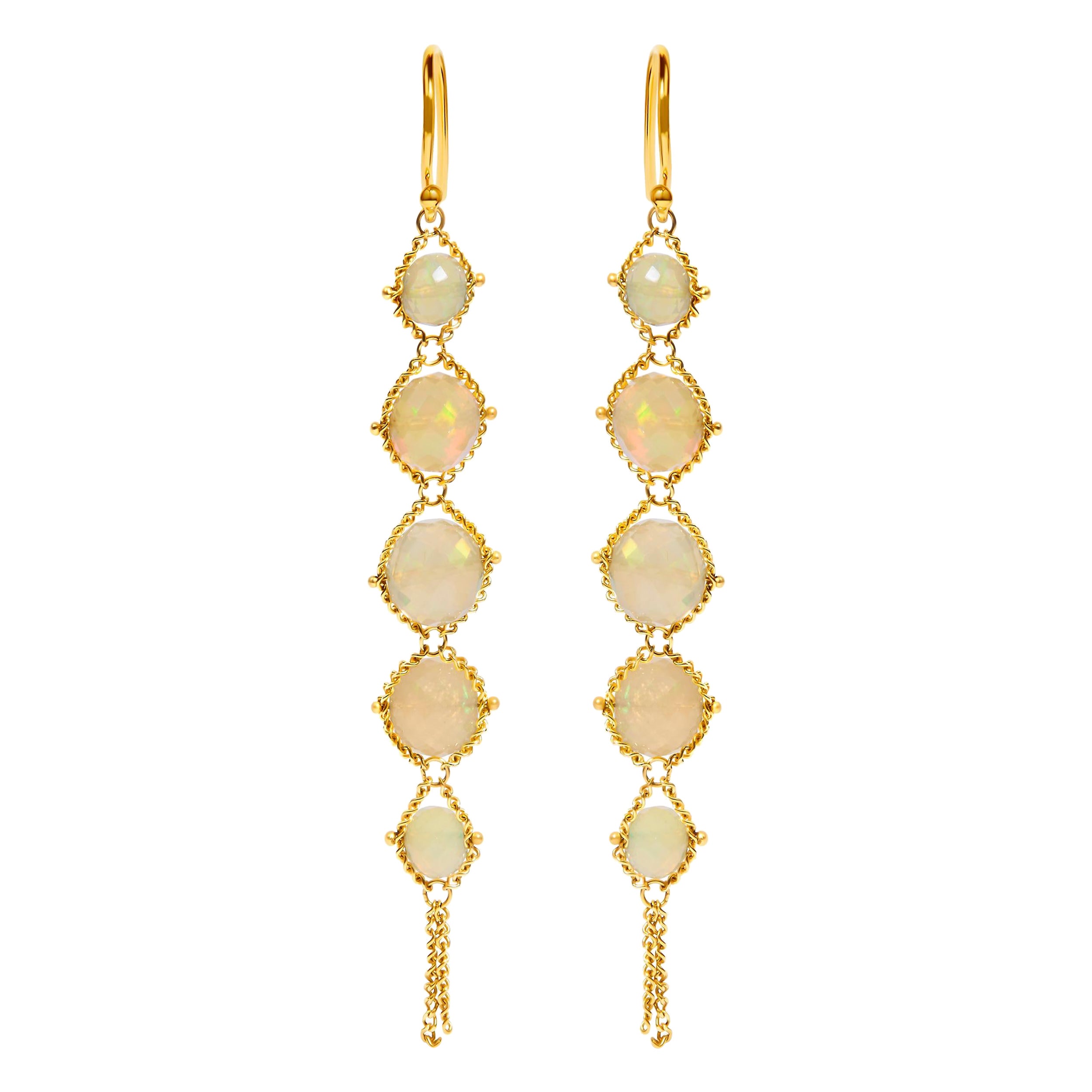 18K Yellow Gold Woven Egyptian Opal 2 1/2 Inch Drop and Dangle Earrings For Sale