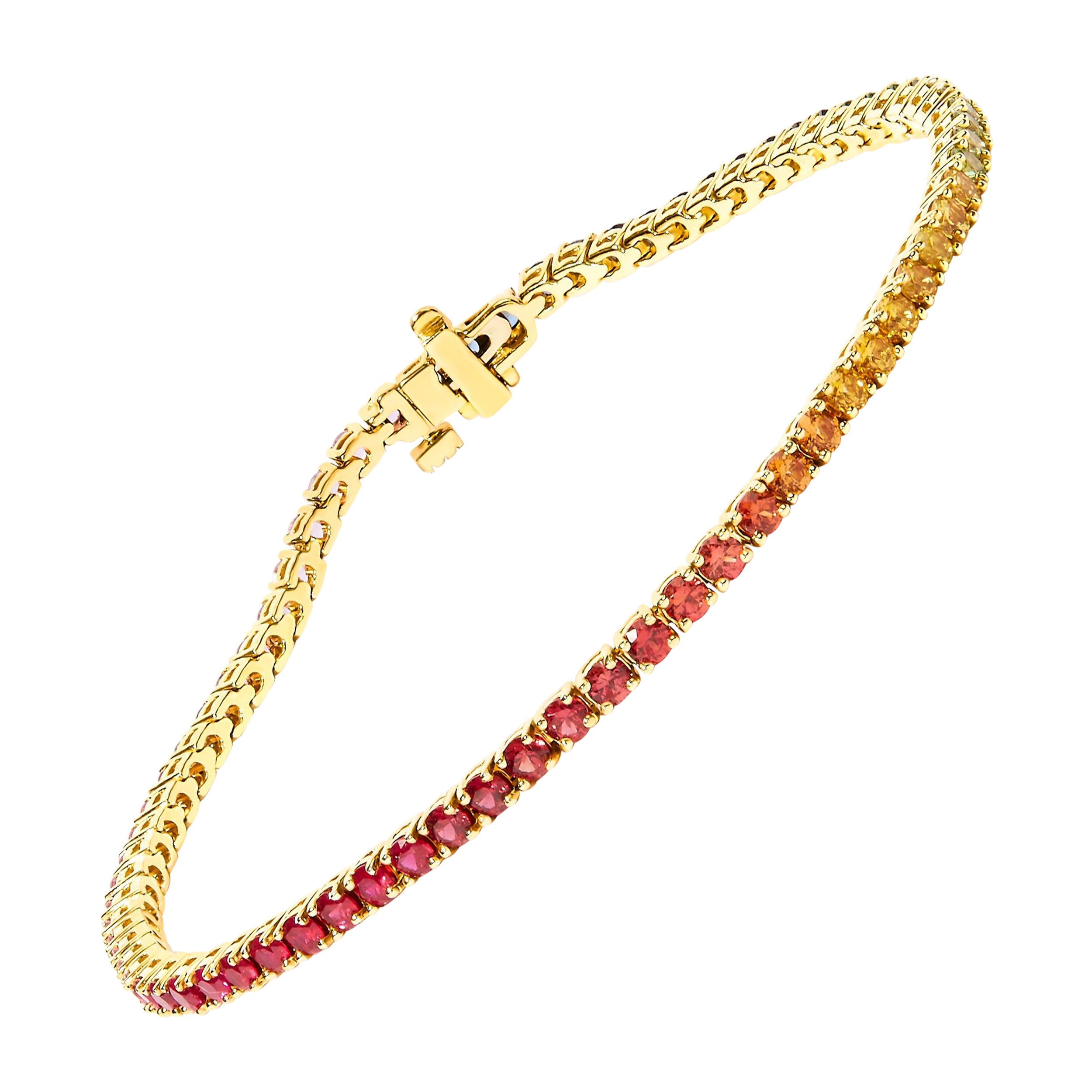 14K Yellow Gold Natural Rainbow Gemstone Sapphire and Tsavorite Tennis Bracelet For Sale