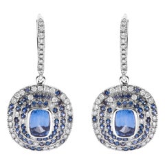 18K White Gold Blue Sapphire & Diamond Scattered Halo Drop and Dangle Earrings