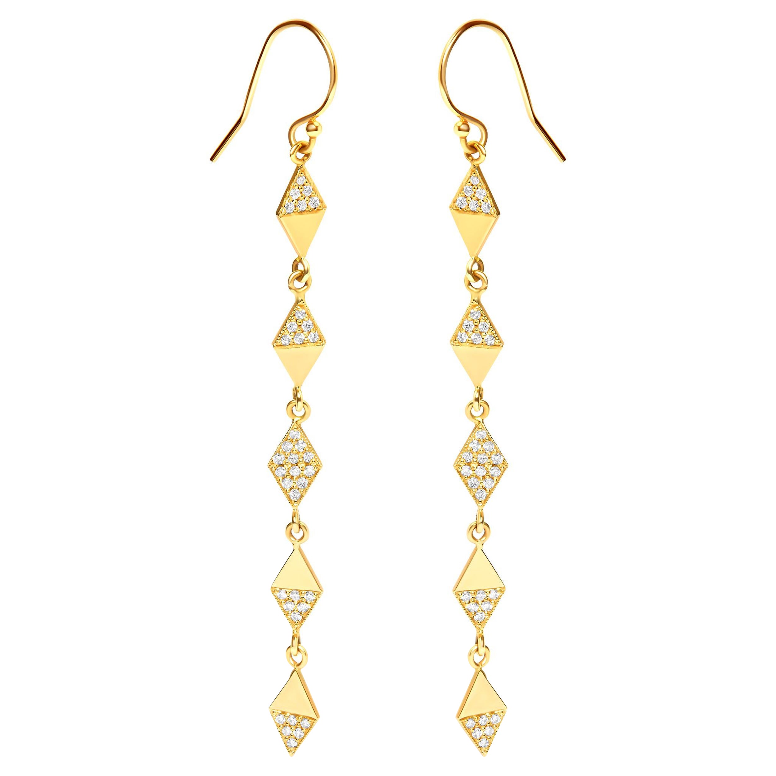 14K Yellow Gold 1/3 Carat Diamond Studded Kite Drop and Dangle Earrings For Sale
