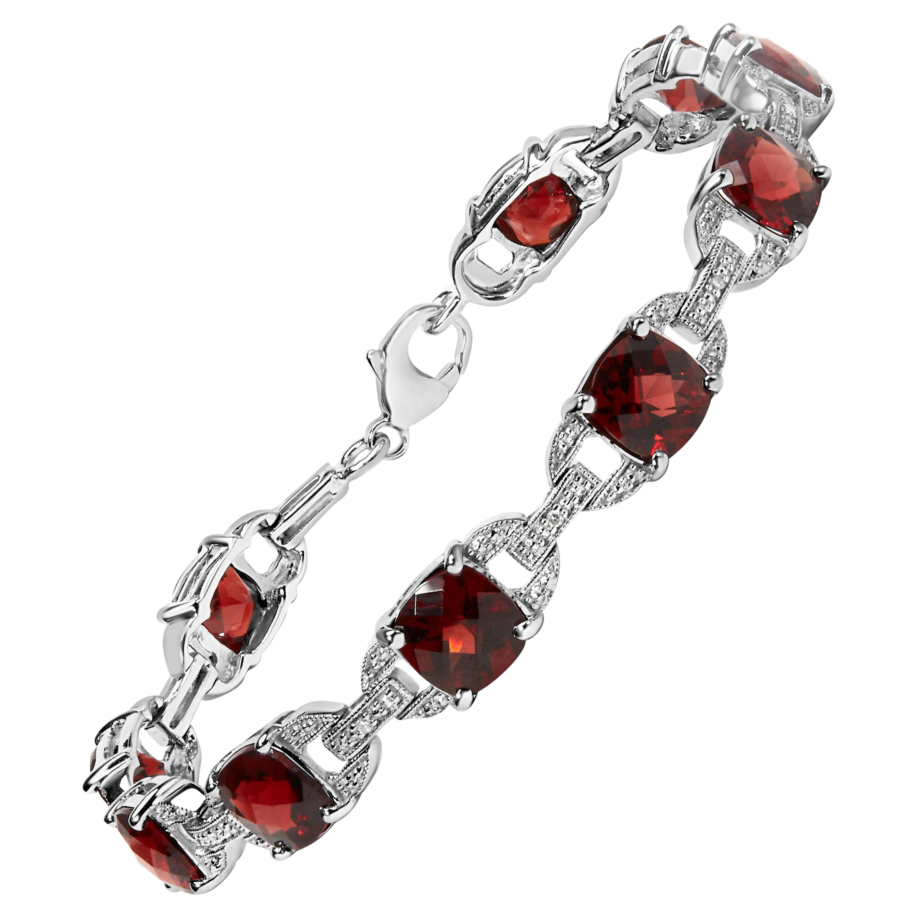 Bracelet tennis à maillons en argent sterling avec grenat rouge coussin et diamants en vente
