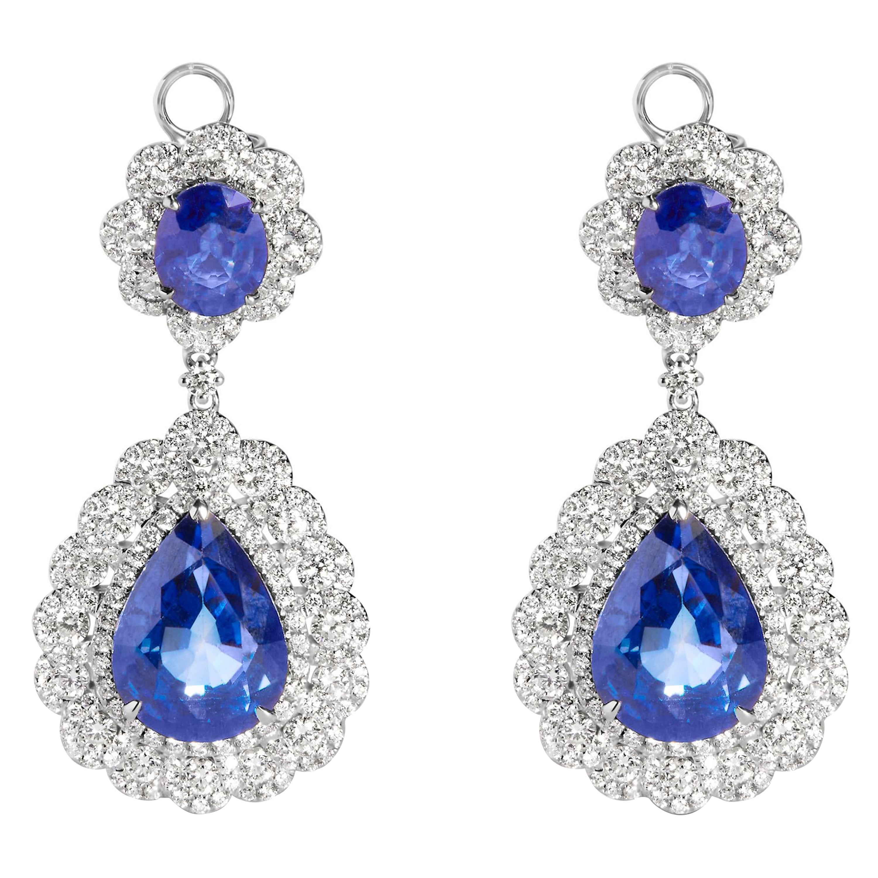 18K White Gold 25 Carat Blue Sapphire & 4 5/8 Carat Diamond Halo Dangle Earring