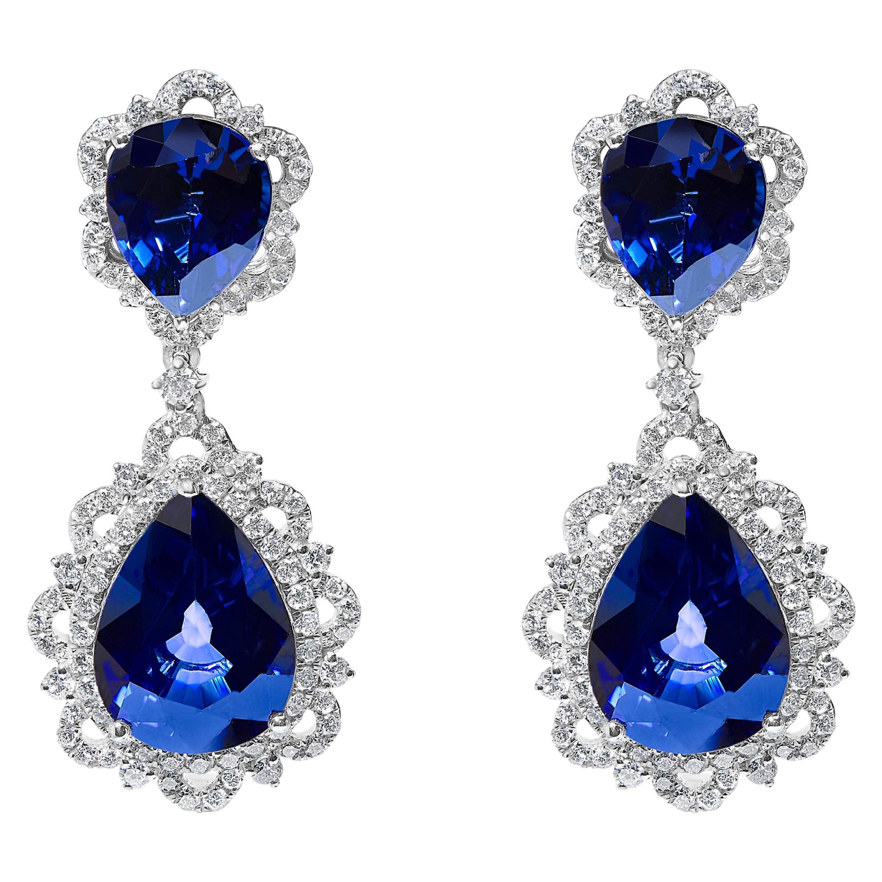 18K White Gold Blue Sapphire & 2.0 Carat Diamond Halo Drop and Dangle Earring For Sale