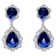 18K White Gold Blue Sapphire & 2.0 Carat Diamond Halo Drop and Dangle Earring