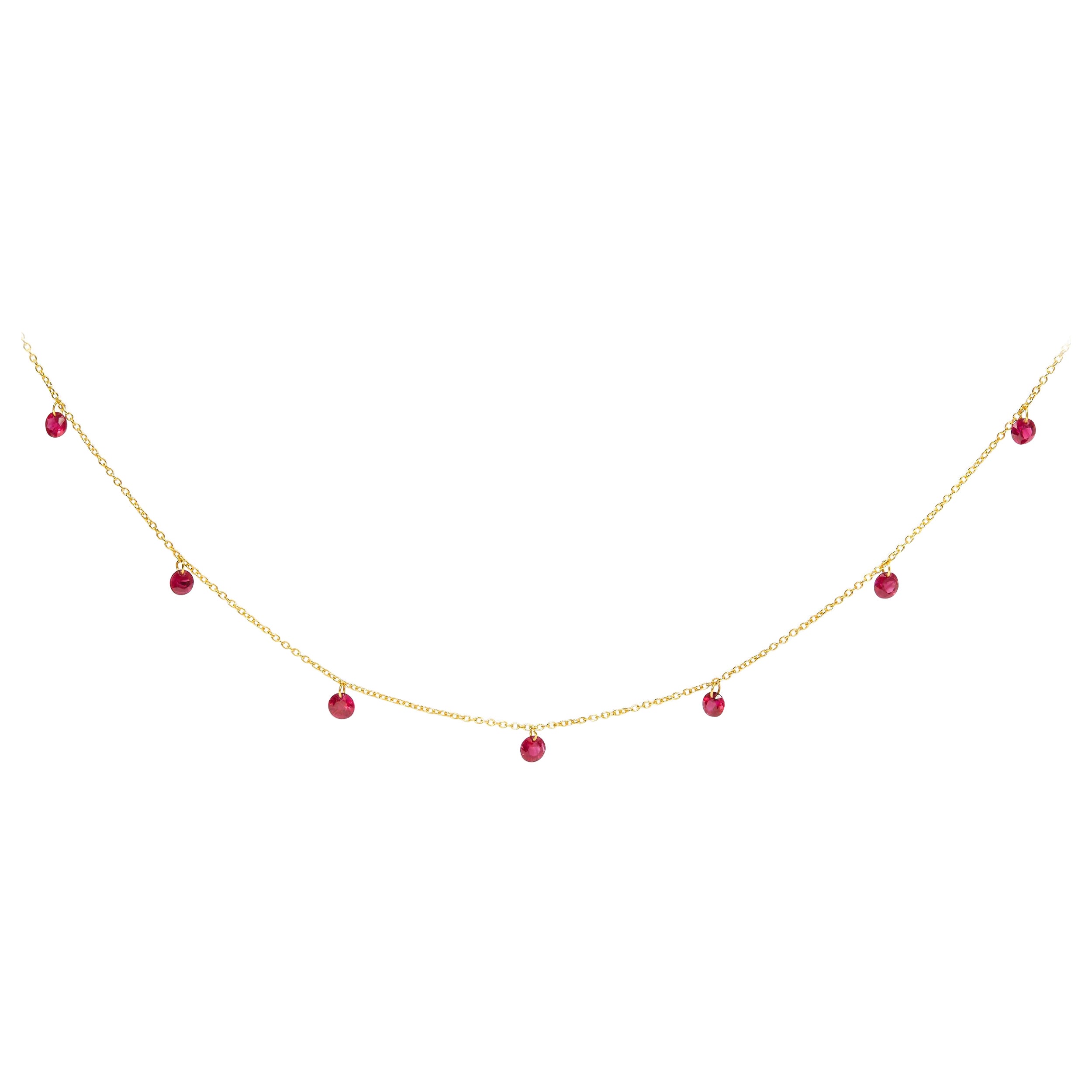 18K Yellow Gold Necklace 1 1/3 Carat Dangling Ruby Drop 18" Chain Collar For Sale