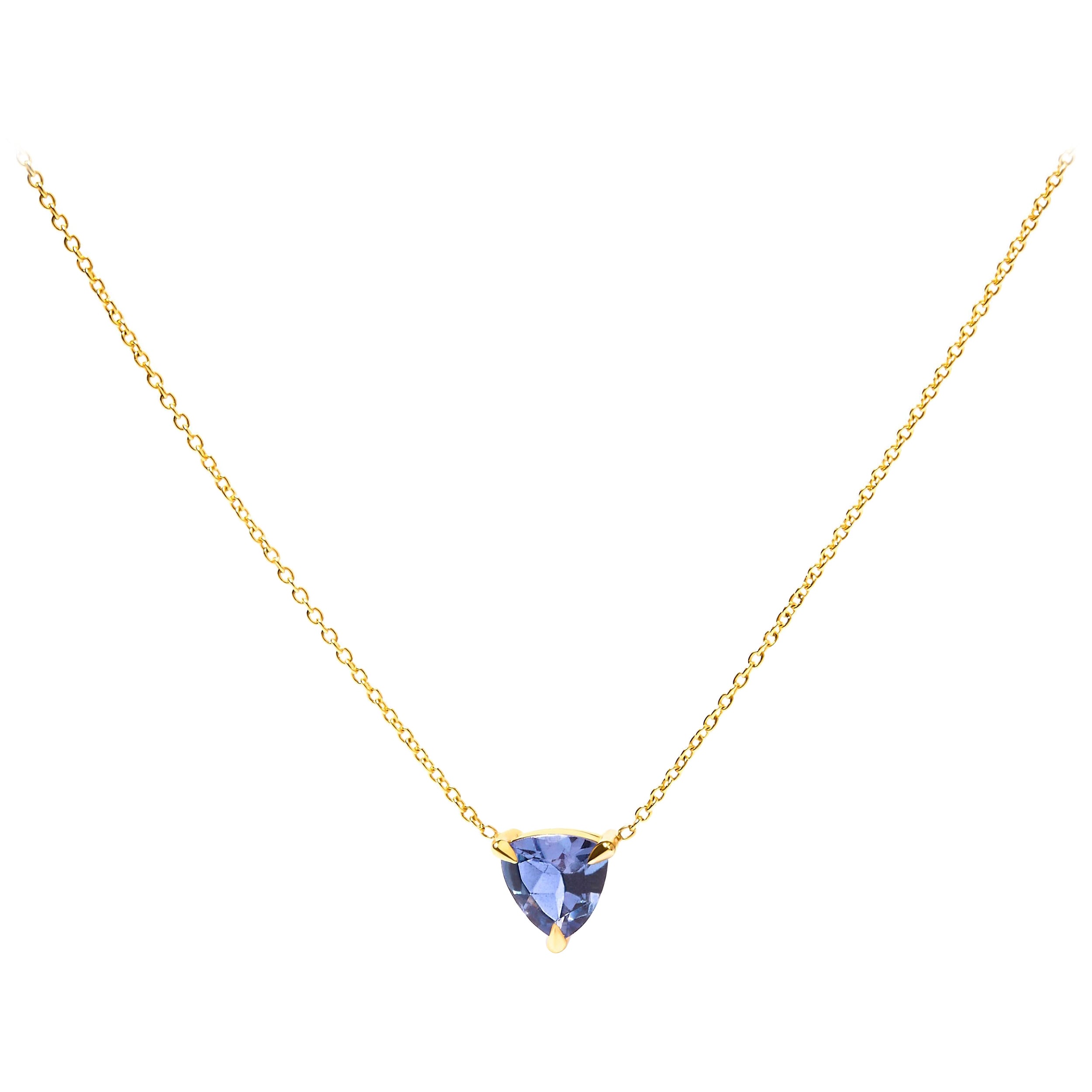 14K Yellow Gold Blue Tanzanite Trillion Solitaire 18" Pendant Necklace For Sale