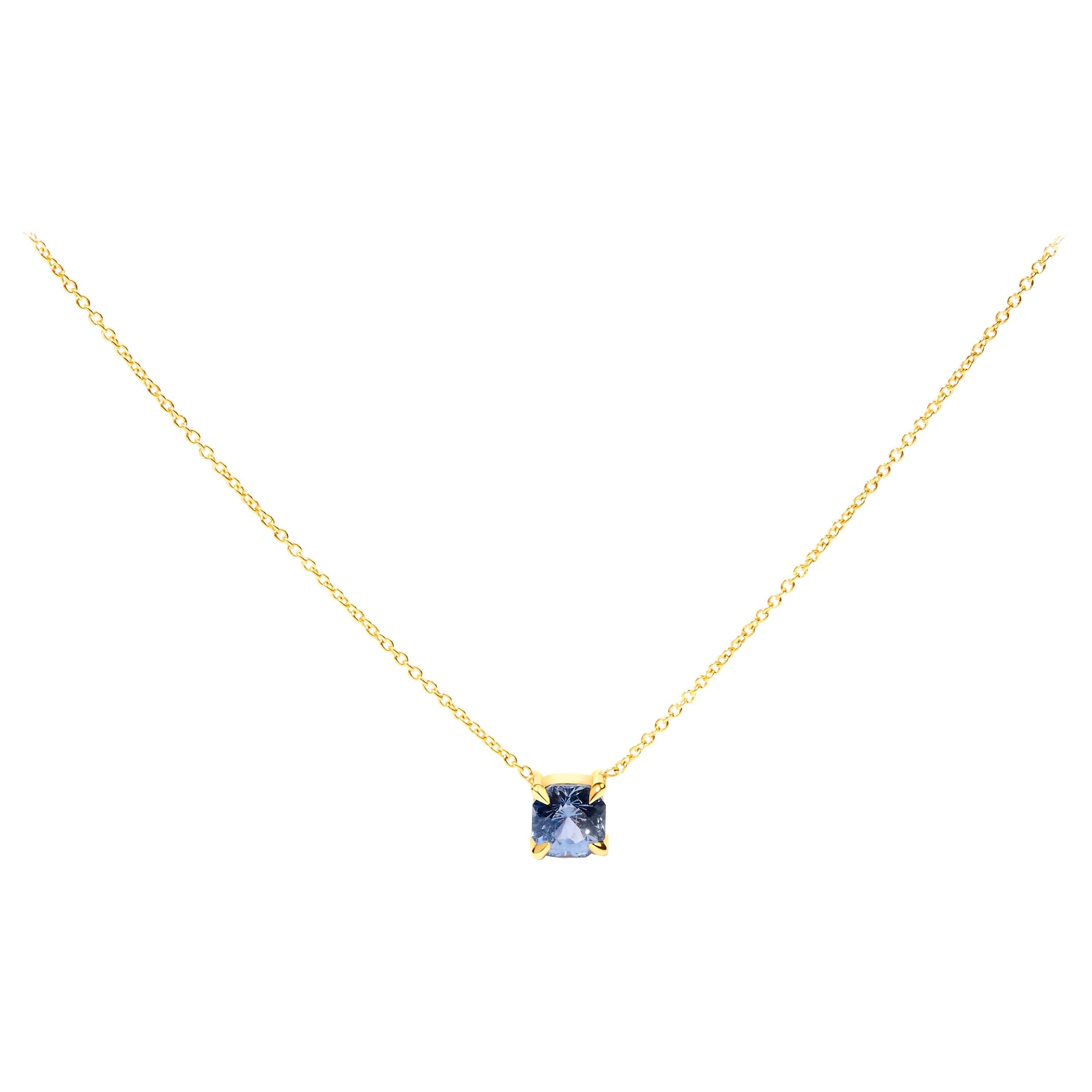 14K Yellow Gold 4/5 Carat Cushion Cut Blue Sapphire Solitaire Pendant Necklace For Sale