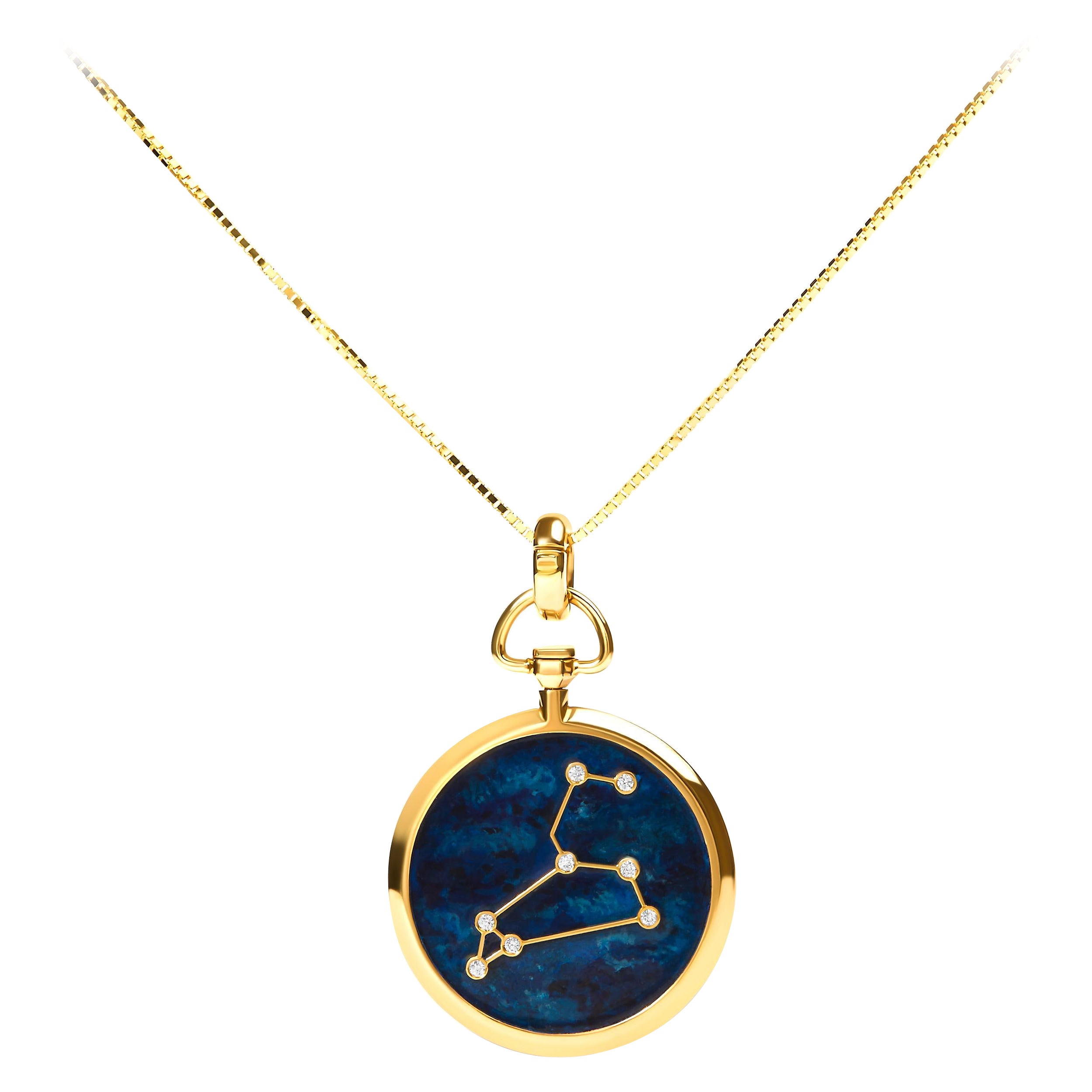 18K Yellow Gold Diamond Leo Constellation with Blue Enamel Pendant Necklace For Sale