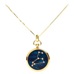 18K Yellow Gold Diamond Leo Constellation with Blue Enamel Pendant Necklace