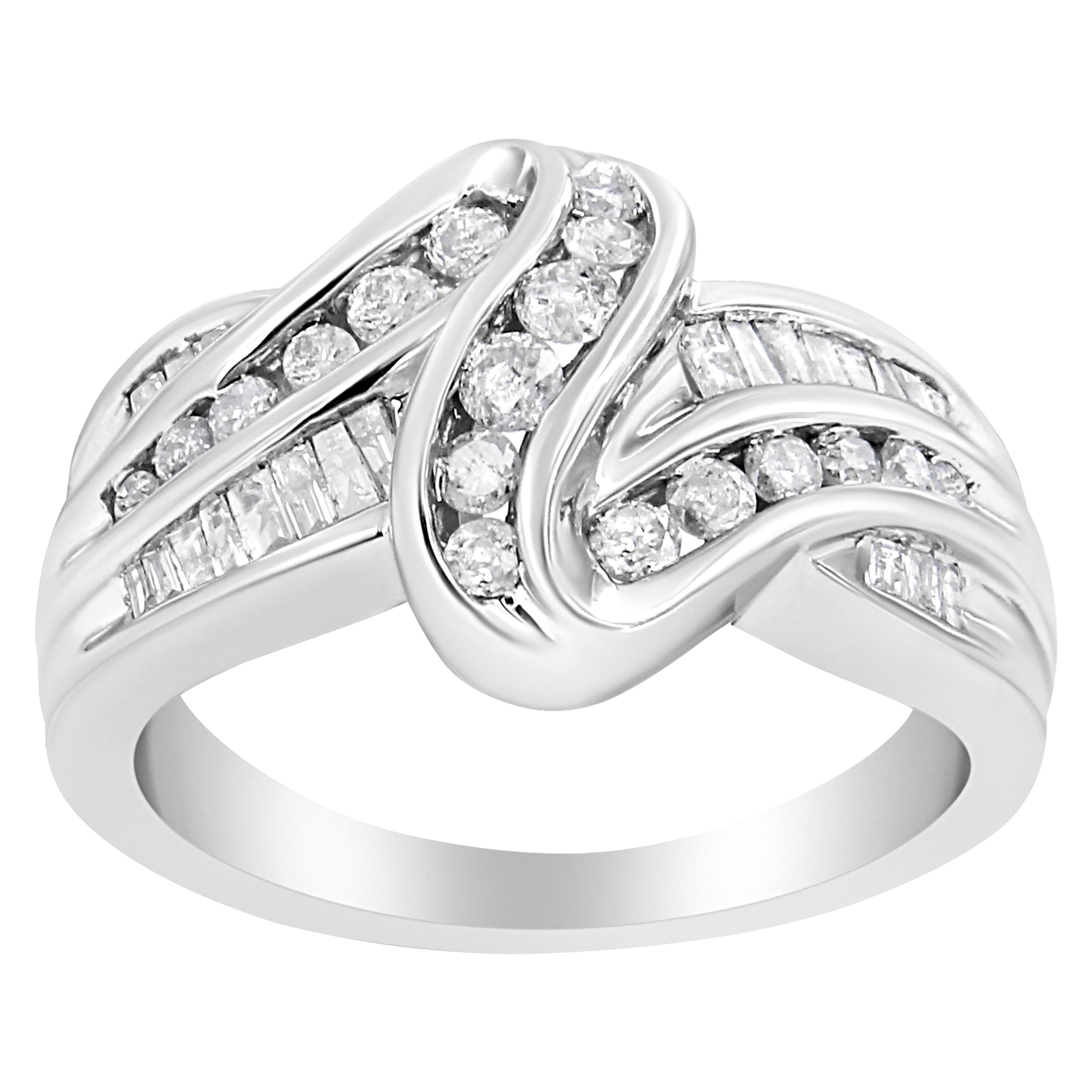 10K White Gold Ring 3/4 Carat Round and Baguette-Cut Diamond Bypass Ring For Sale