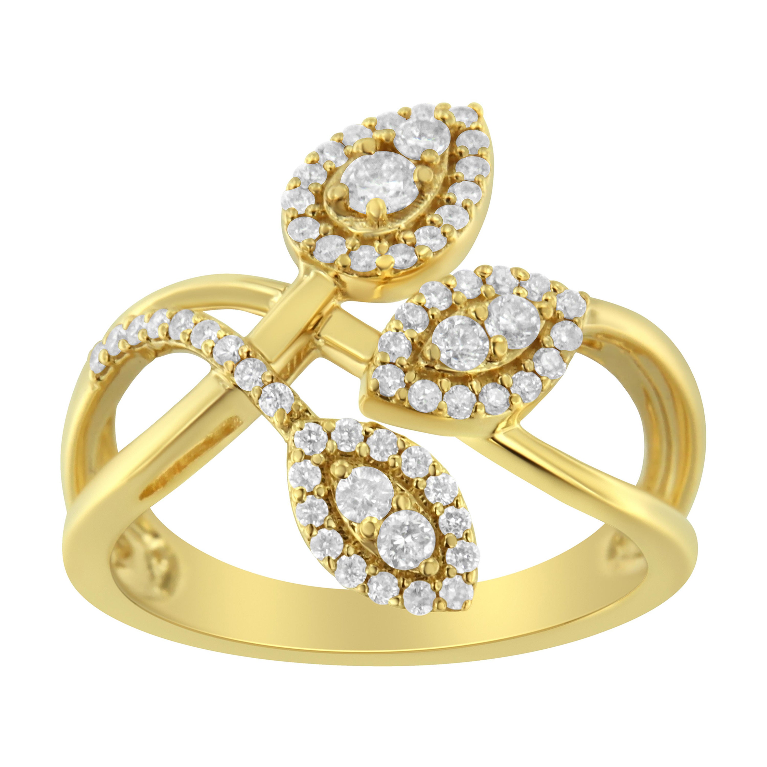 10K Yellow Gold 1/2 Carat Diamond Layered Crossover Triple Leaf Bypass Ring For Sale