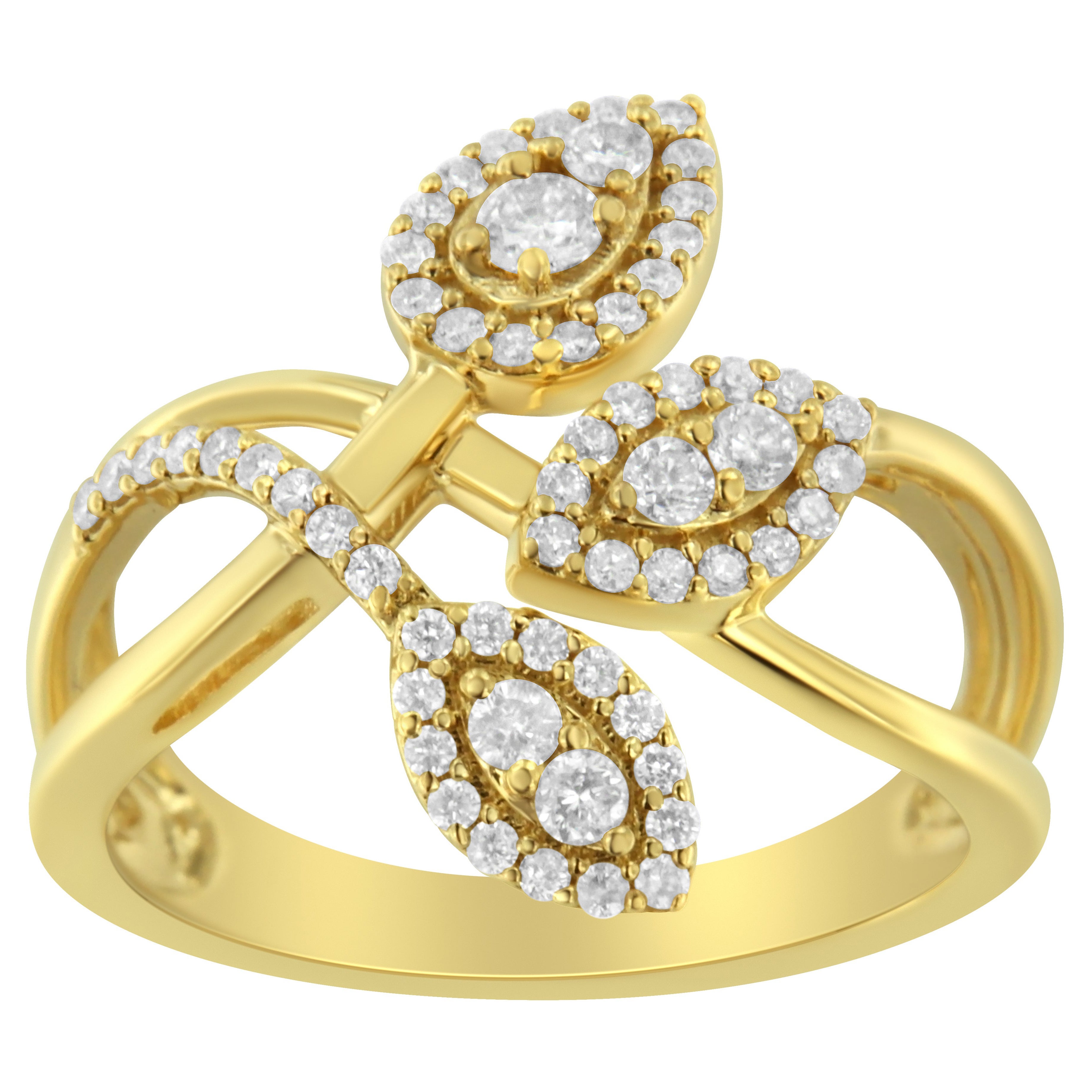 10K Yellow Gold 1/2 Carat Diamond Layered Crossover Triple Leaf Bypass Ring