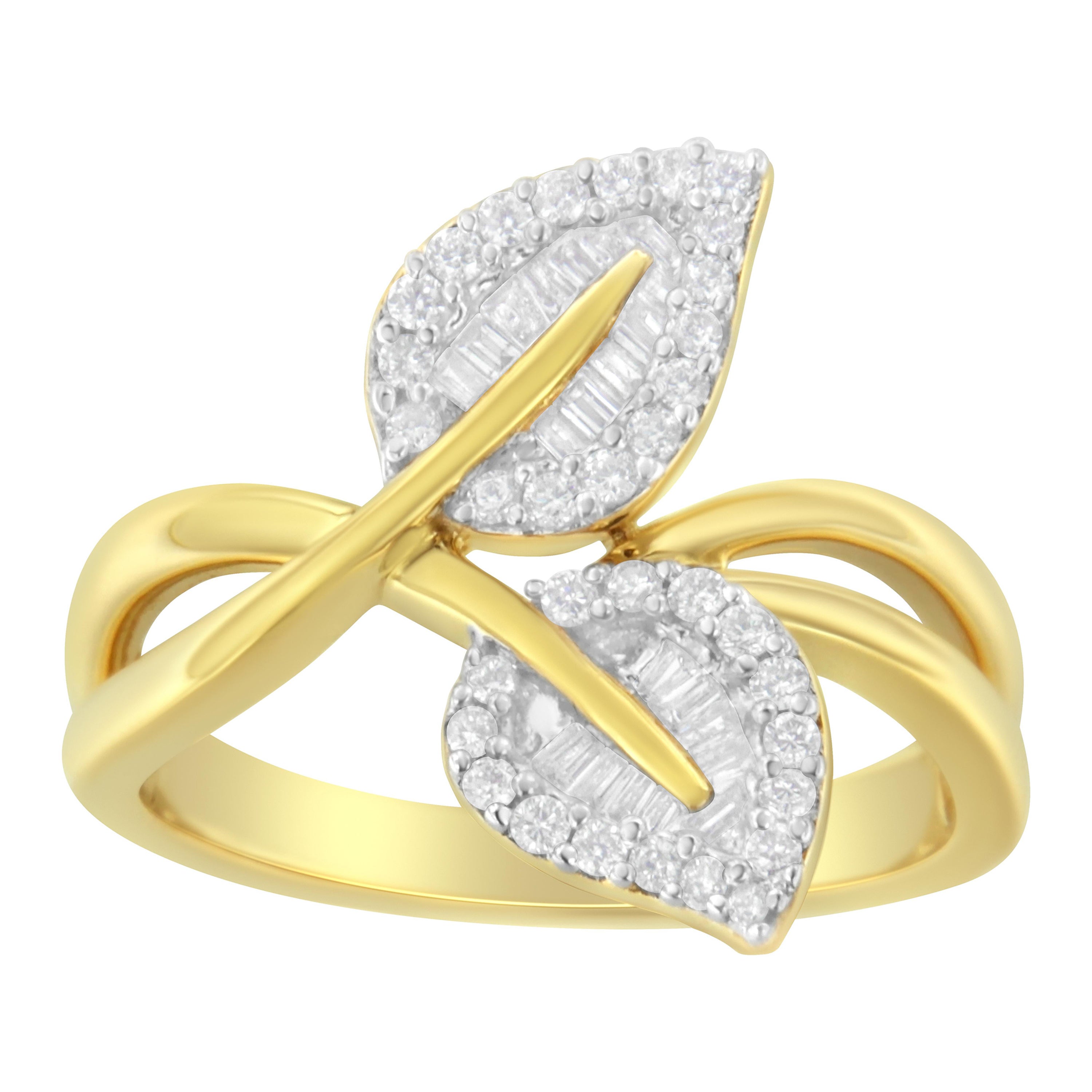 10K Yellow Gold 3/8 Carat Round and Baguette-Cut Diamond Leaf Cocktail Ring For Sale
