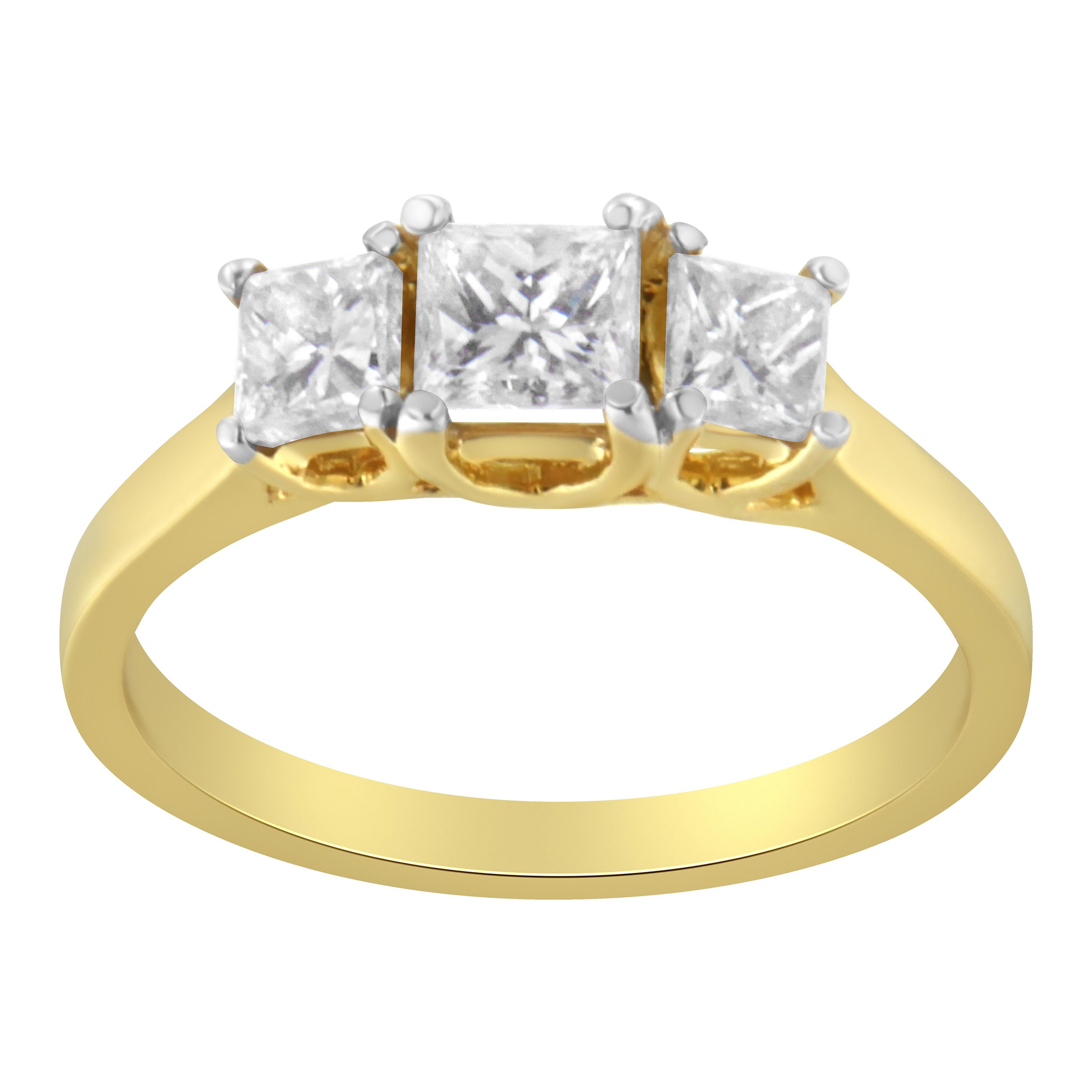 10K Yellow Gold 1.0 Carat Princess-Cut Diamond Three Stone Band Ring For Sale