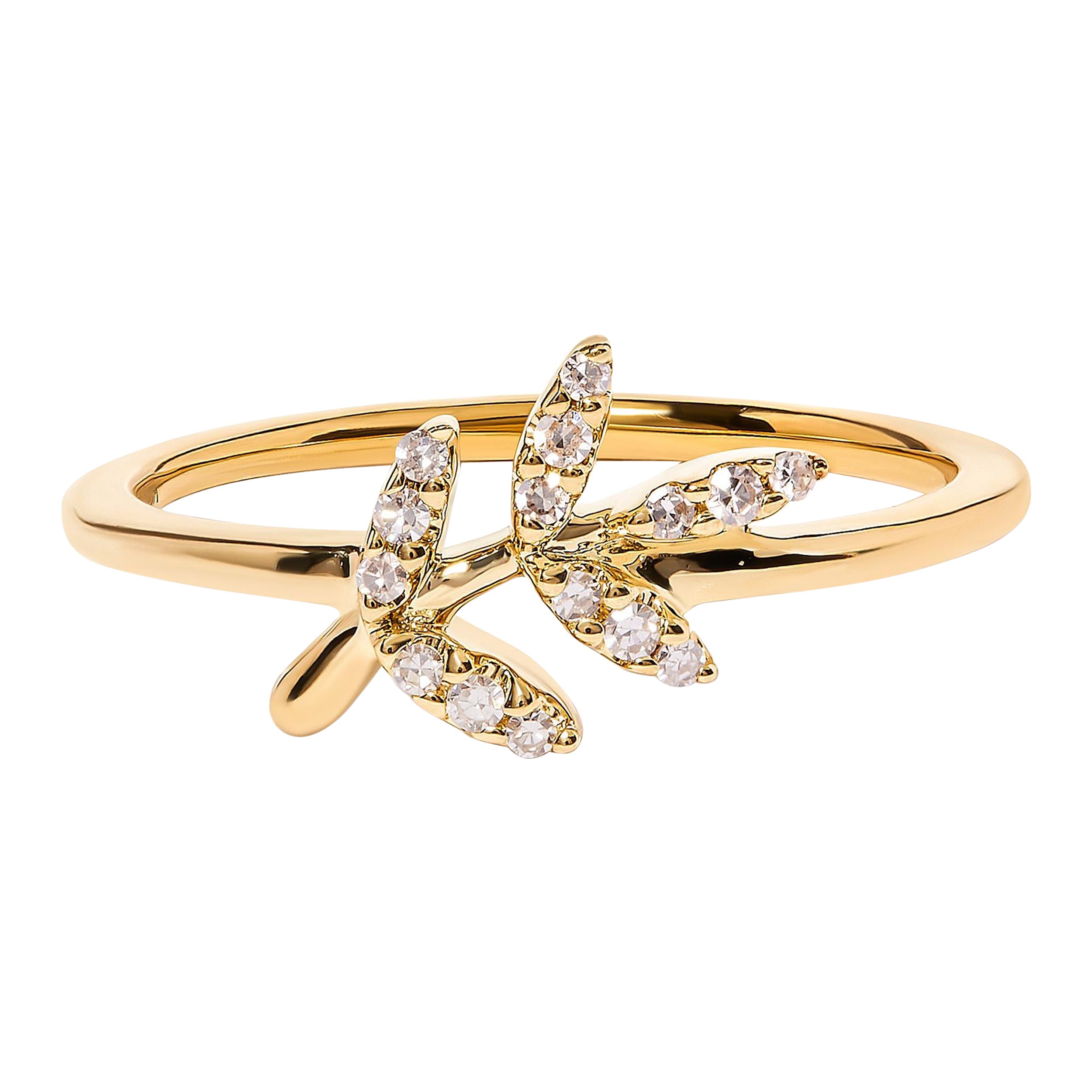 10K Yellow Gold 1/10 Carat Diamond Leaf and Branch Ring For Sale