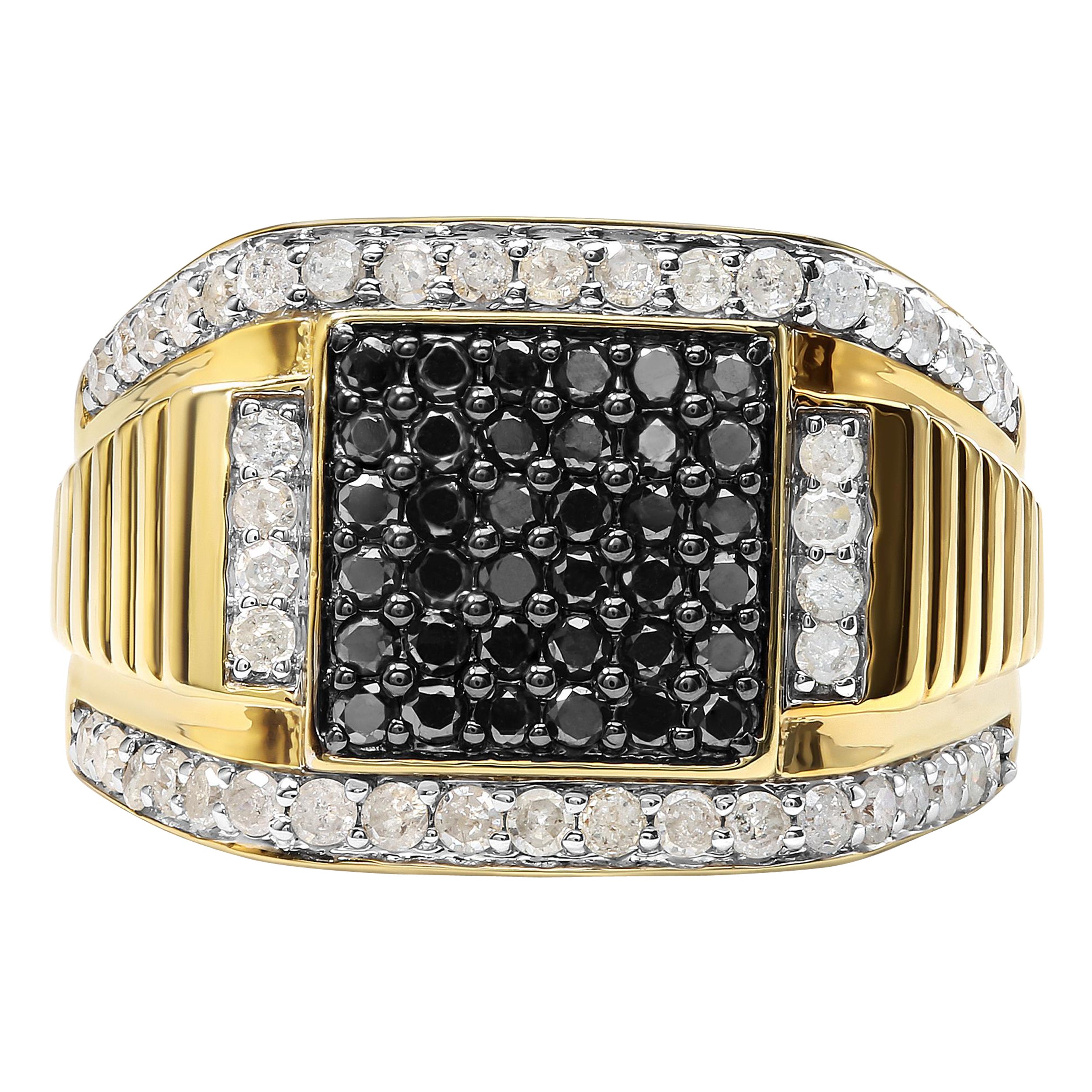 Men's 14K Yellow Gold over Silver 1 1/2 Carat White & Black Diamond Cluster Ring For Sale