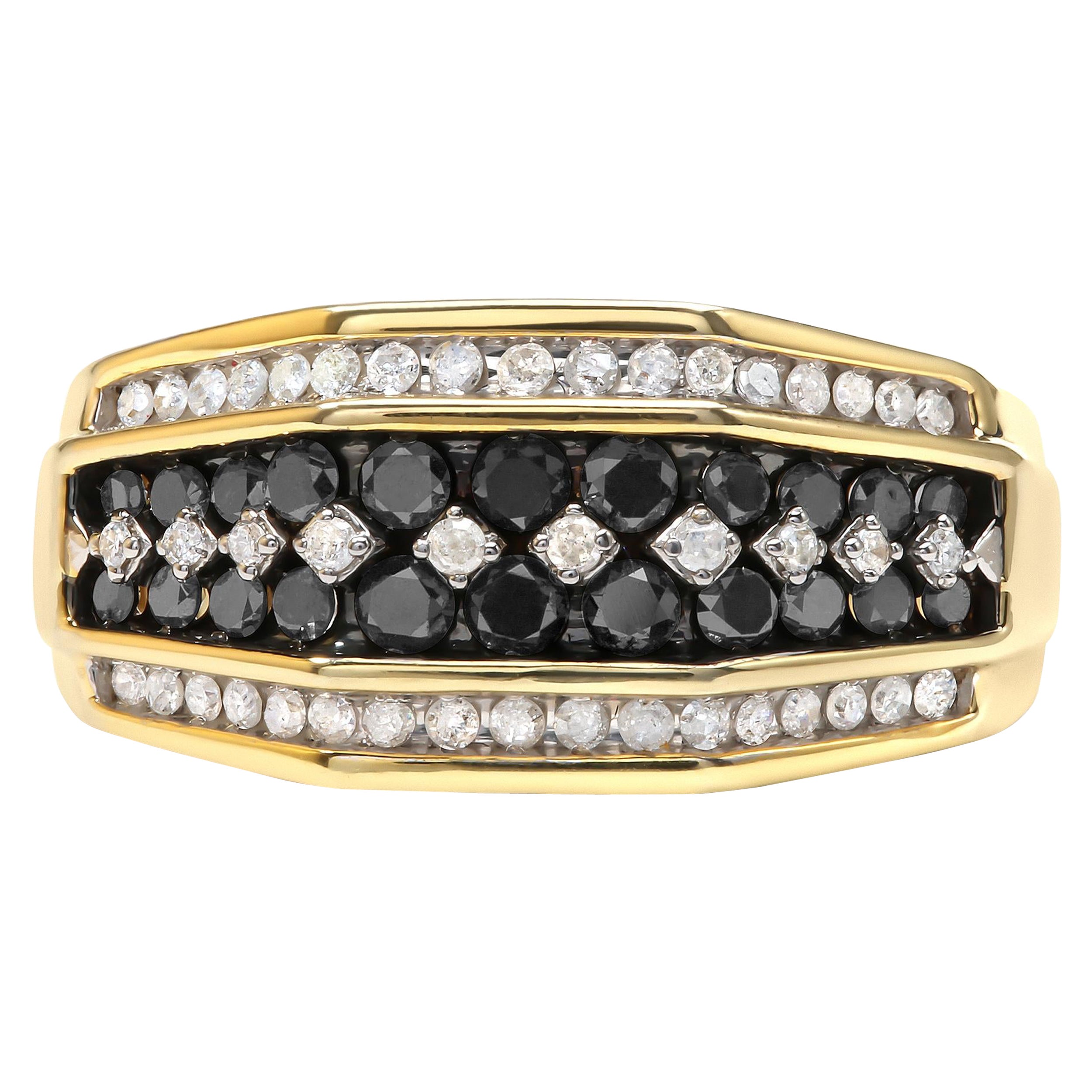 Men's 10K Yellow Gold 1 1/2 Carat White and Black Treated Diamond Cluster Ring For Sale