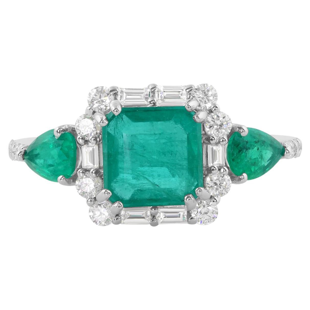 Natural Zambian Emerald Gemstone Cocktail Fine Ring Diamond 14 Karat White Gold