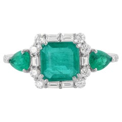 Natural Zambian Emerald Gemstone Cocktail Fine Ring Diamond 14 Karat White Gold