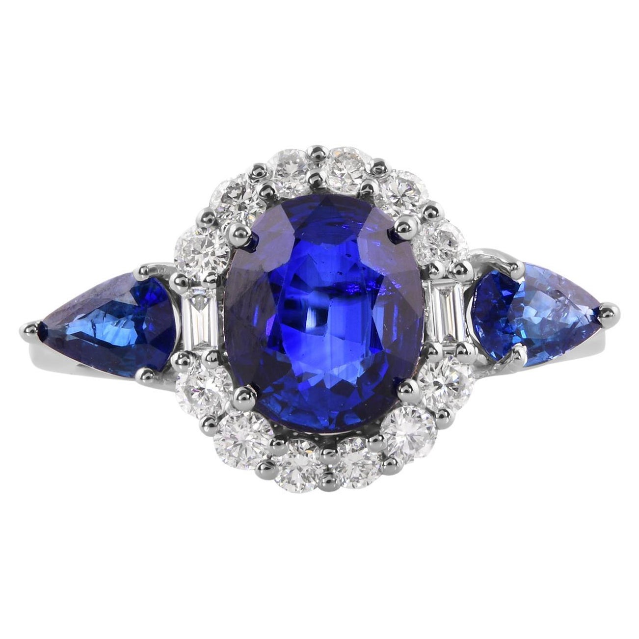 Blue Sapphire Gemstone Cocktail Ring Diamond 14 Karat White Gold Fine Jewelry For Sale