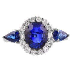 Blue Sapphire Gemstone Cocktail Ring Diamond 14 Karat White Gold Fine Jewelry