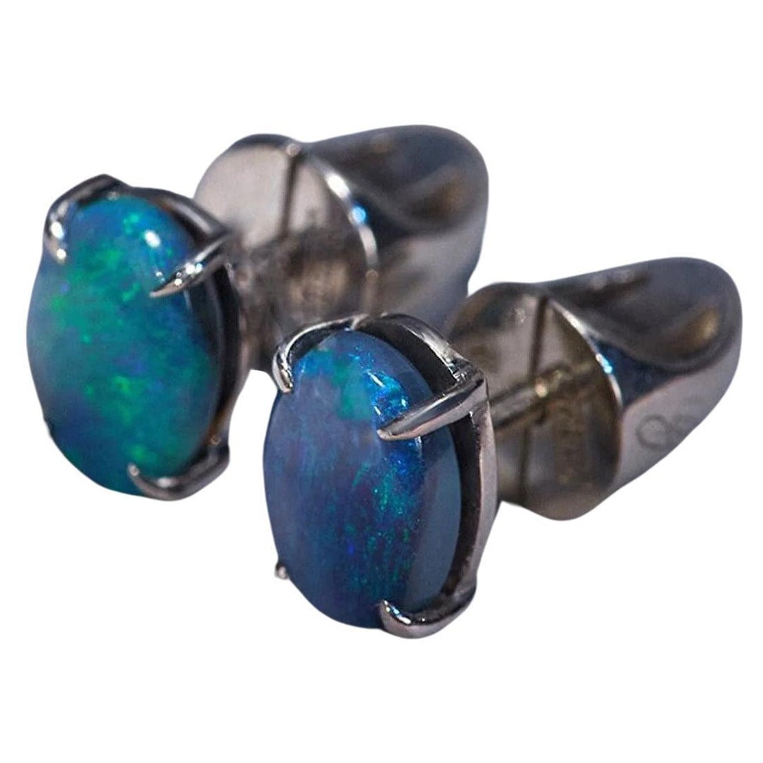 Black Opal Studs Earrings Natural Blue Australian Gemstones Unisex Jewelry For Sale