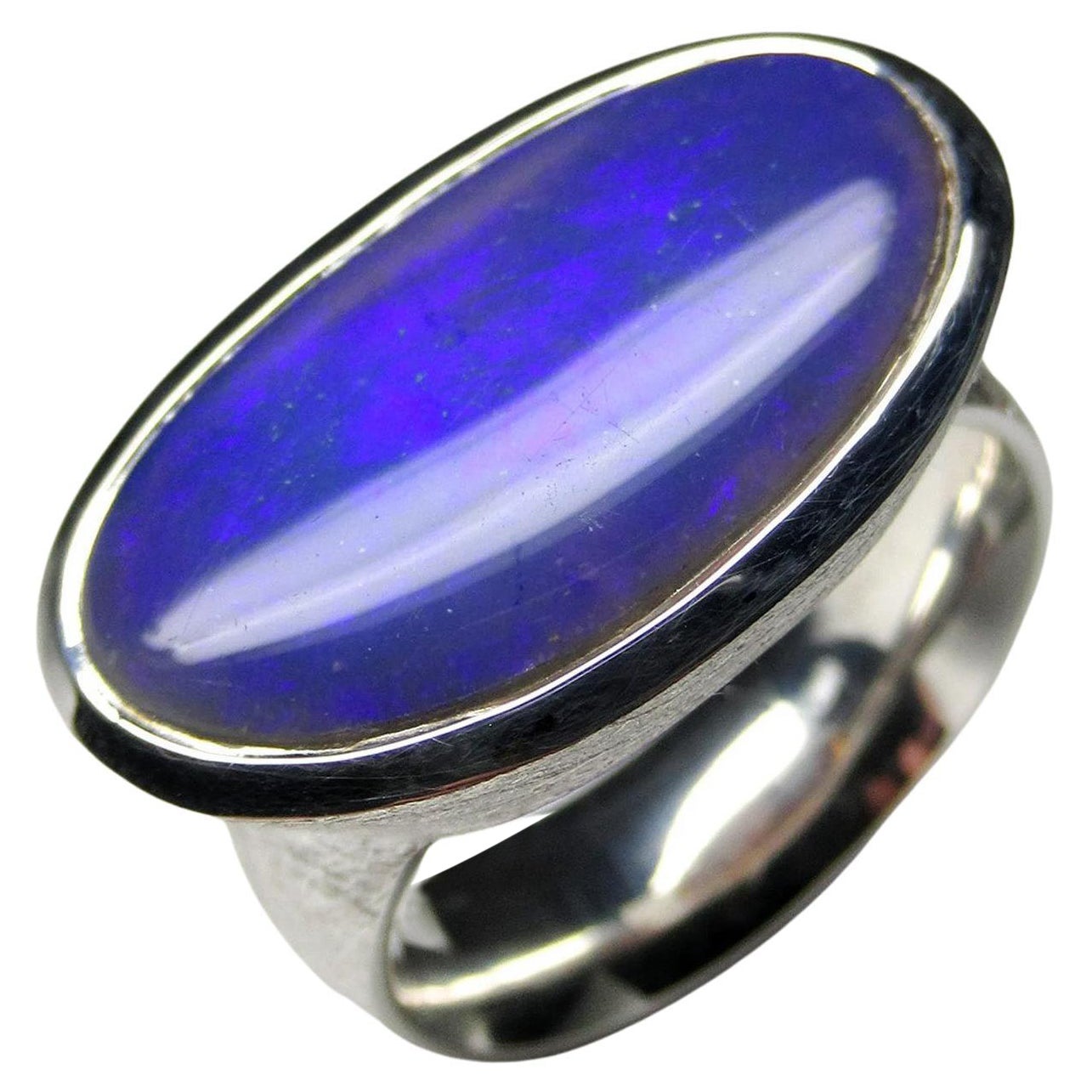 Großer Schwarzer Opal Silber Ring Neon Blau Australischer Edelstein Geschenk Herrenring im Angebot