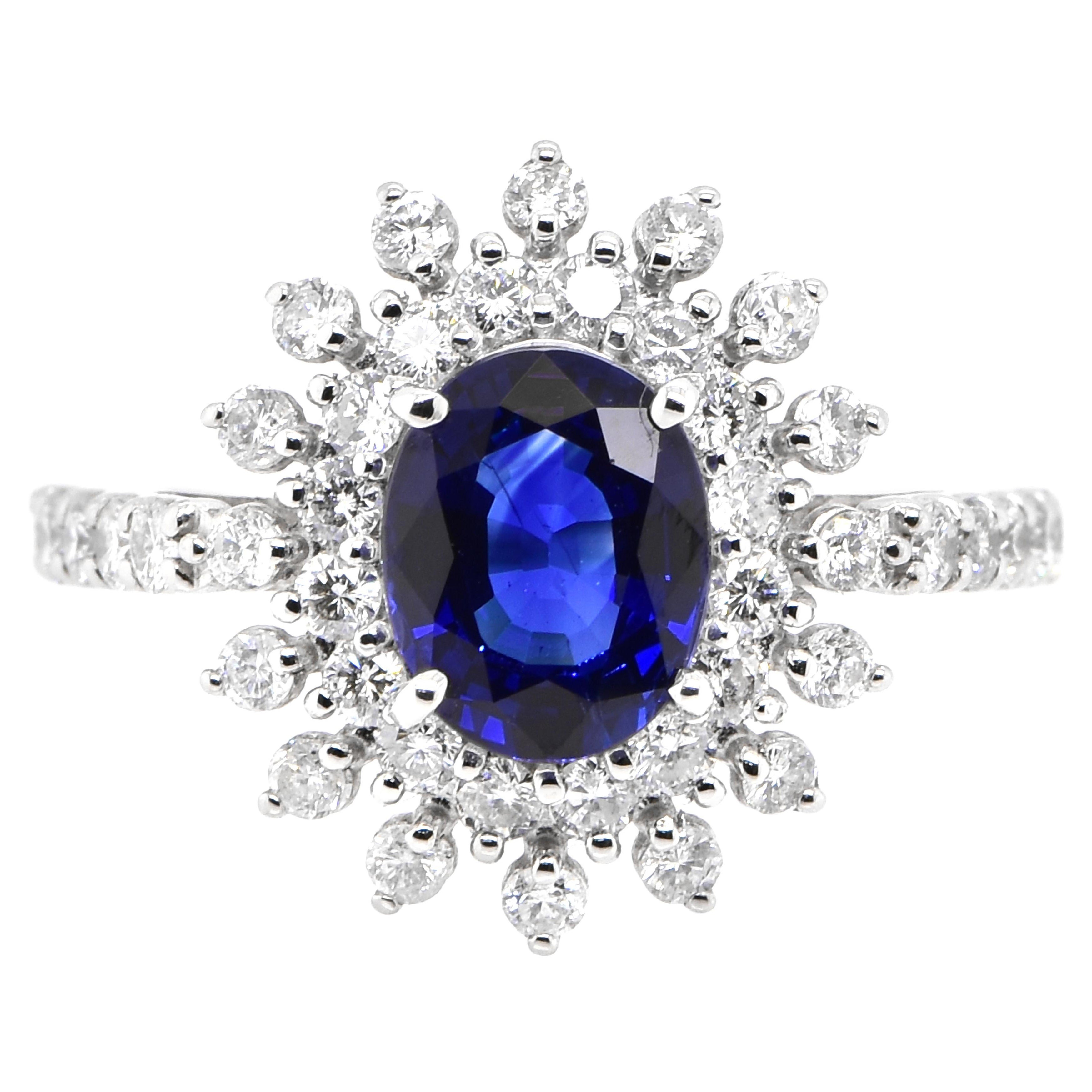 1.57 Carat Natural Sapphire and Diamond Double Halo Ring Made in Platinum For Sale