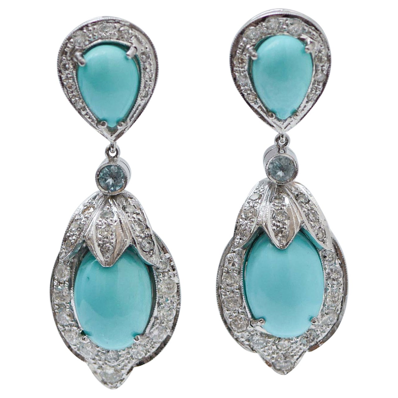 Turquoise, Aquamarine Colour Topazs, Diamonds, Platinum Earrings. For Sale