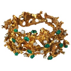Modernist 14K Gold Emerald Diamond Free Form Gold Bracelet circa 1960 11