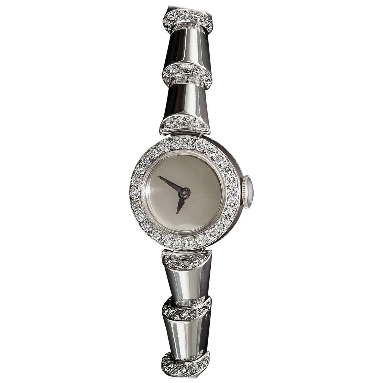 Oscar Heyman Platinum Diamond Mid-Century Bracelet Wristwatch For Sale