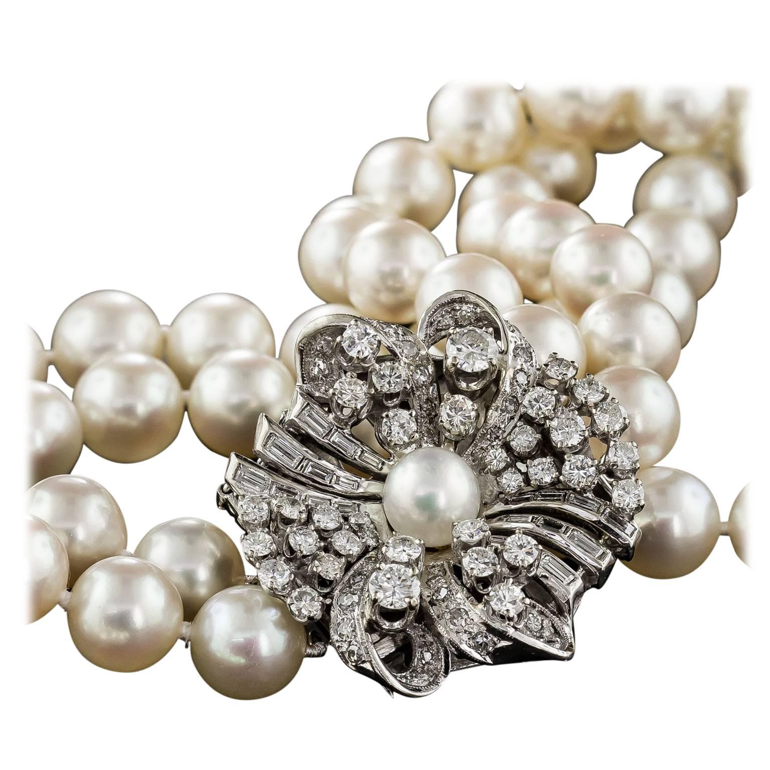 Mid Century Double Strand Cultured Pearl Necklace with Diamond Clasp For Sale