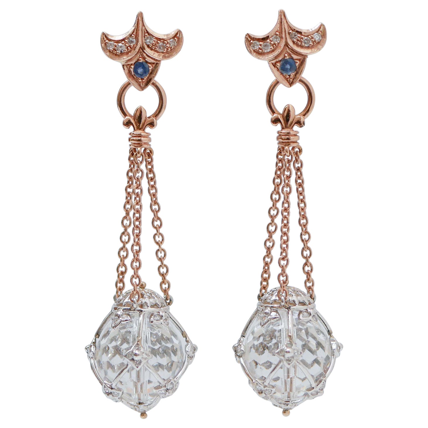 Rock Crystal, Diamonds, Sapphires, 14 Karat Rose Gold and White Gold Earrings. For Sale