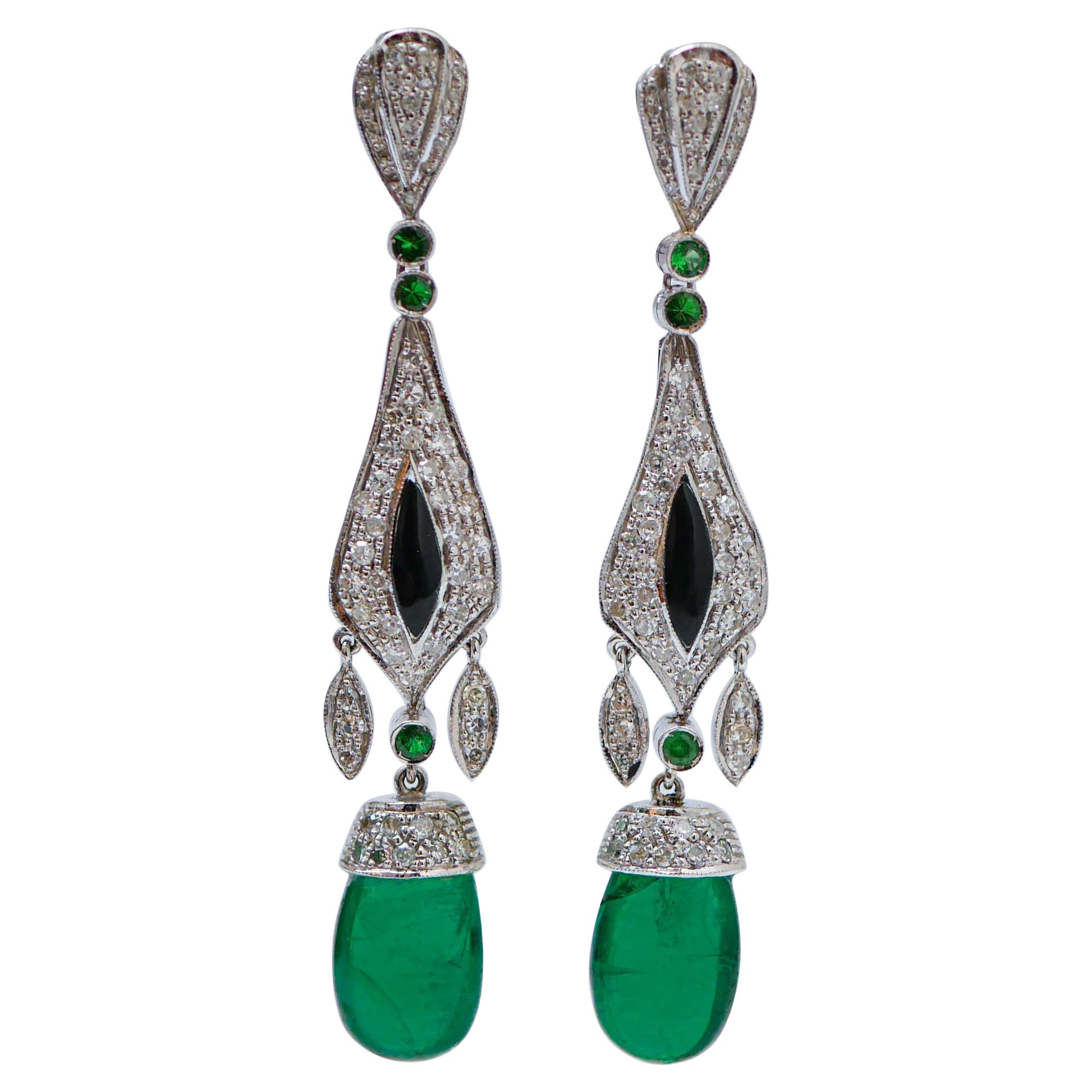 Emeralds, Tsavorite, Diamonds, Onyx, Platinum Dangle Earrings. For Sale