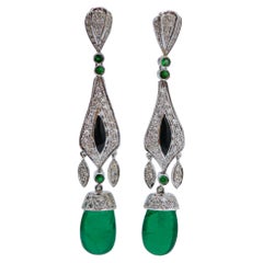 Vintage Emeralds, Tsavorite, Diamonds, Onyx, Platinum Dangle Earrings.